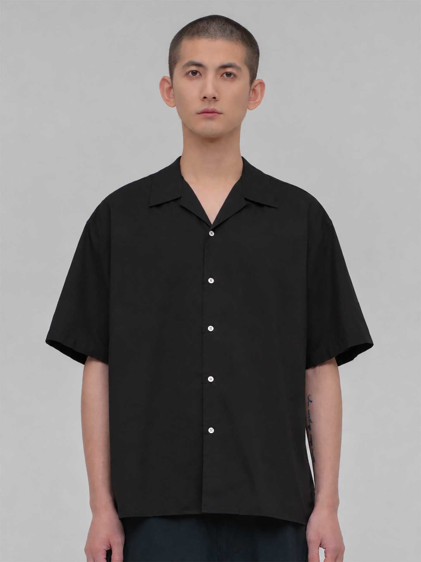 CIOTA Open Collar Short Sleeve Shirt (Cotton/Linen) Bla