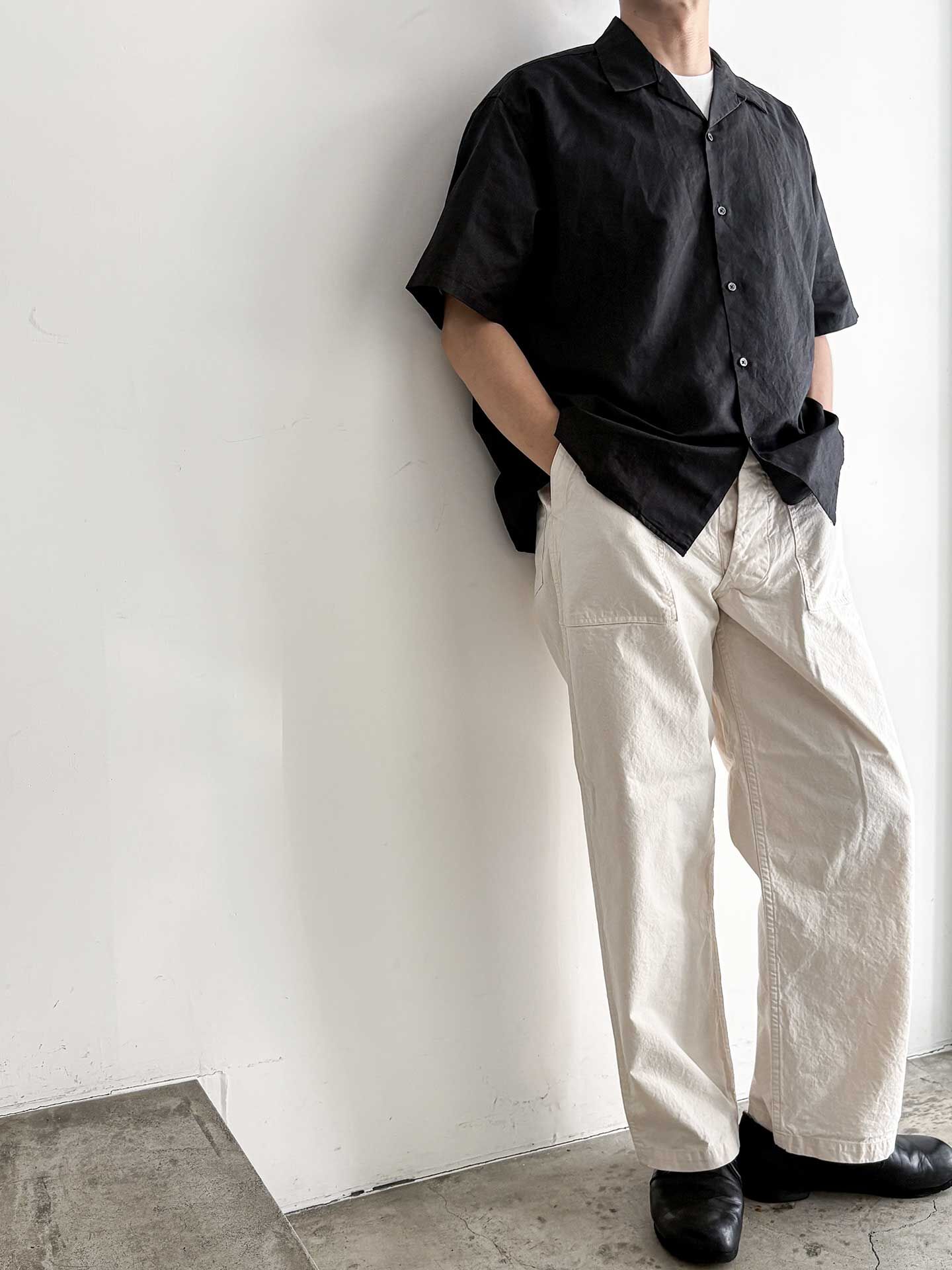 CIOTA Open Collar Short Sleeve Shirt (Cotton/Linen) Bla