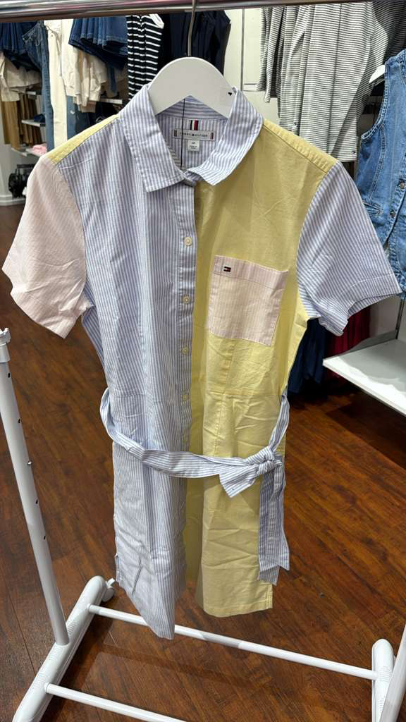 AG029 Tommy Hilfiger 藍黃拼色細條紋短袖襯衫連身裙