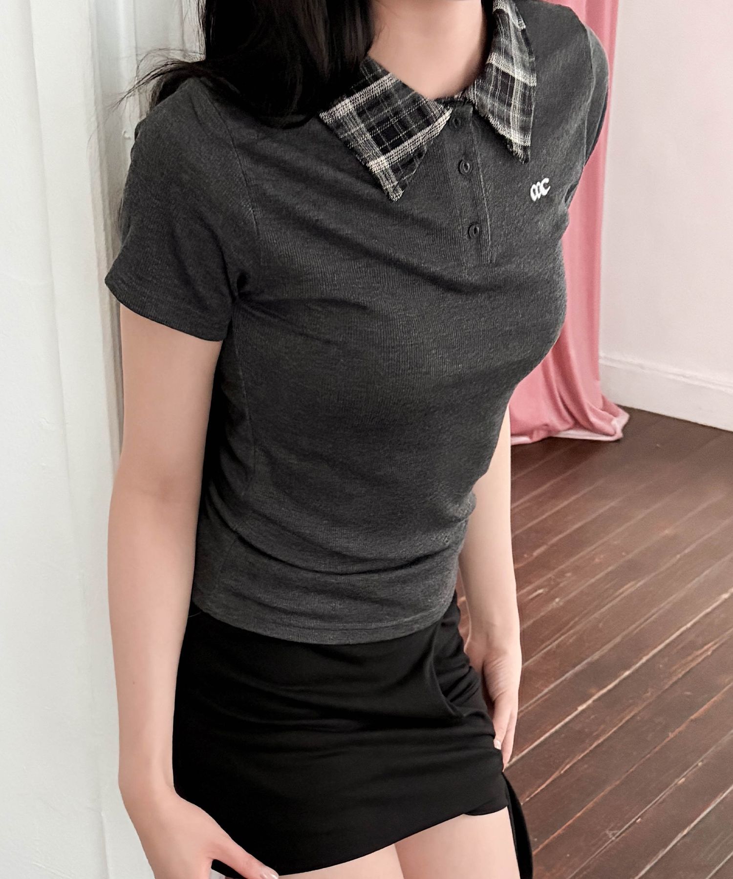 CHICKS 格紋領口短袖T恤 炭灰色 5018340978