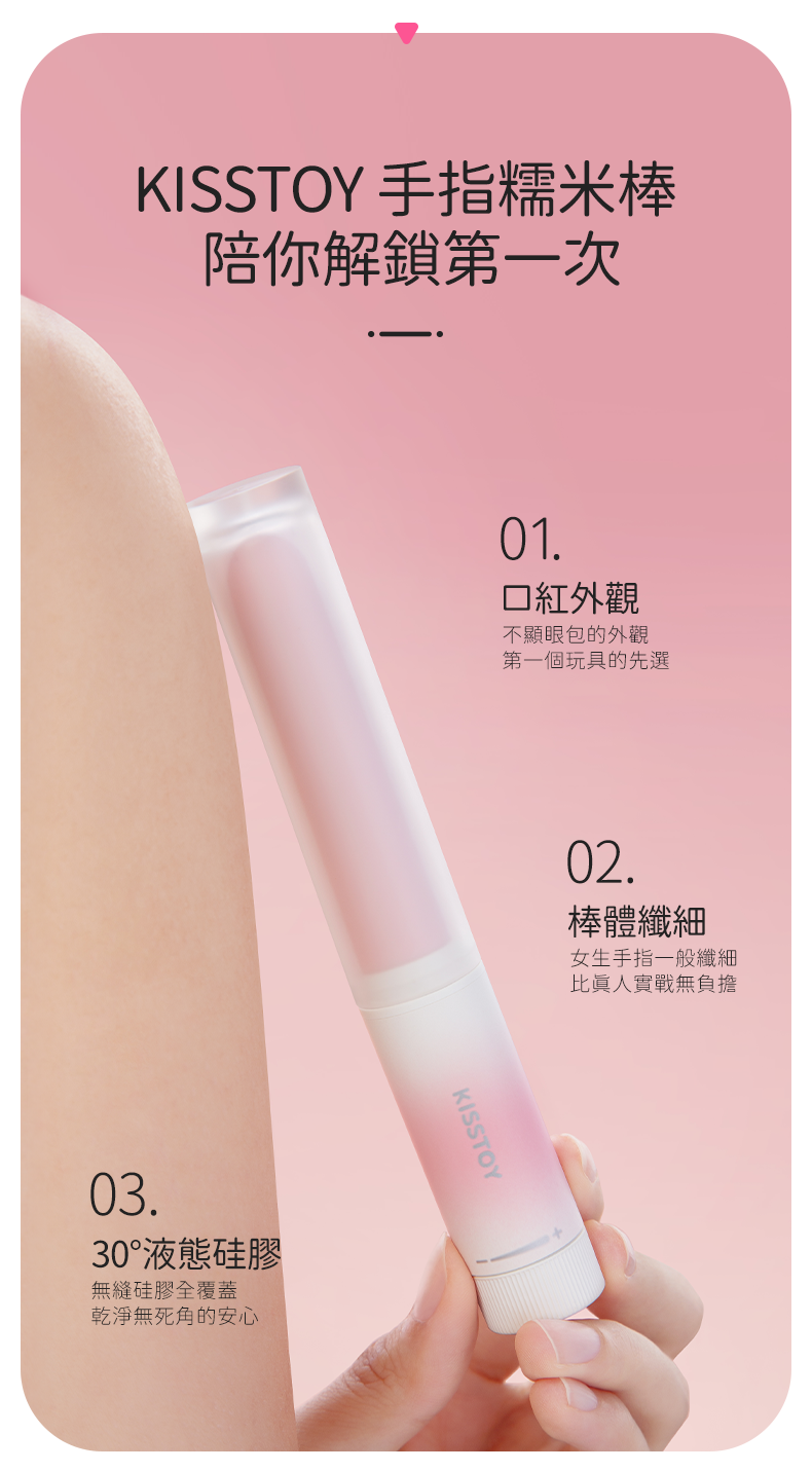 Kisstoy 手指糯米棒，展示隱形口紅外觀與極細棒身，採用全覆蓋矽膠。
