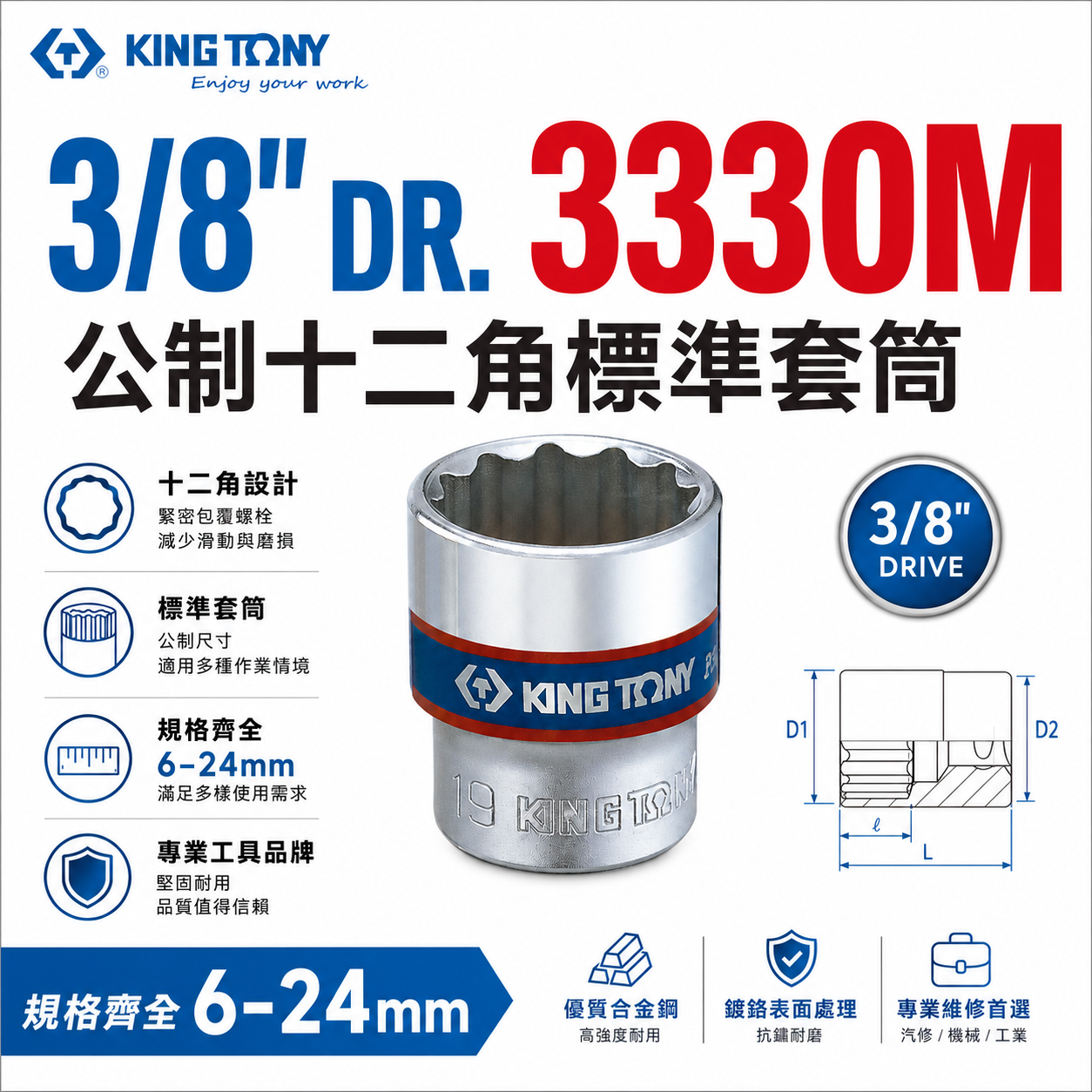 KING TONY 金統立｜公制 6-24mm 三分 3分12角 手動短套筒 3/8" 十二角標準套筒｜3330M