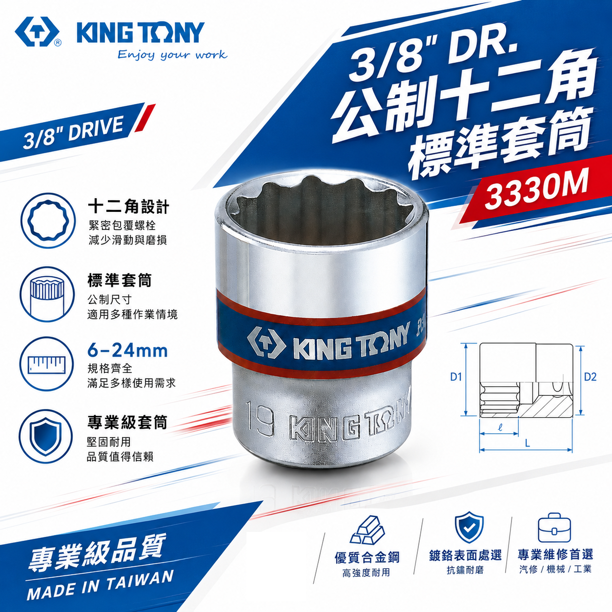KING TONY 金統立｜公制 6-24mm 三分 3分12角 手動短套筒 3/8" 十二角標準套筒｜3330M