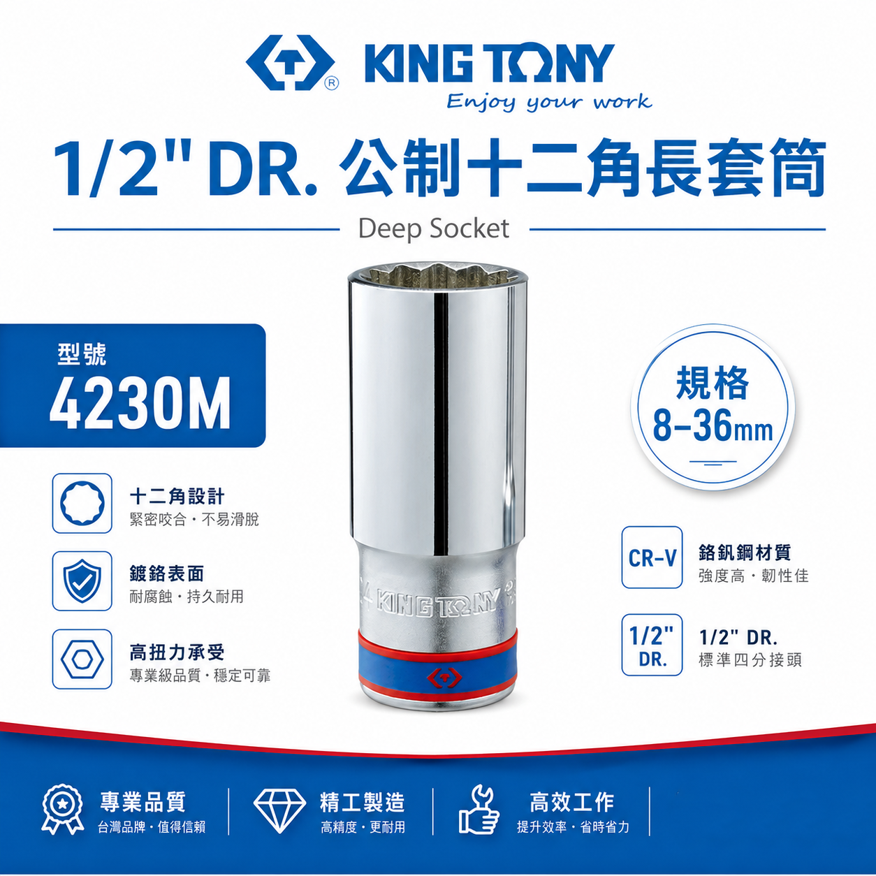 KING TONY 金統立｜公制 8-29mm 十二角長套筒 1/2" 四分 4分12角手動套筒｜4230M｜台灣製｜公司貨