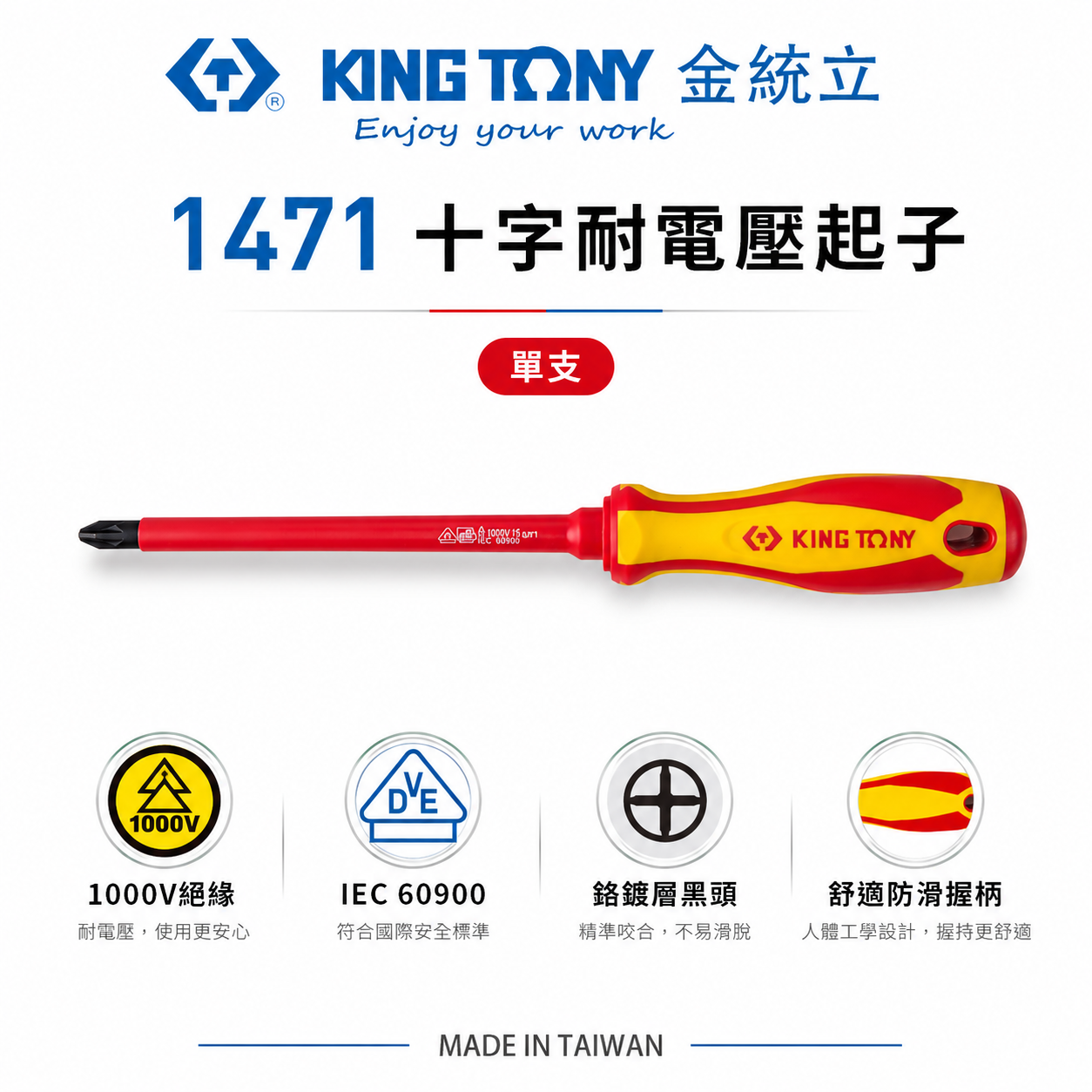 KING TONY 金統立 台灣製｜十字耐電壓起子 PP+TPR膠柄十字螺絲起子 十字頭 圓型柄 ｜1471
