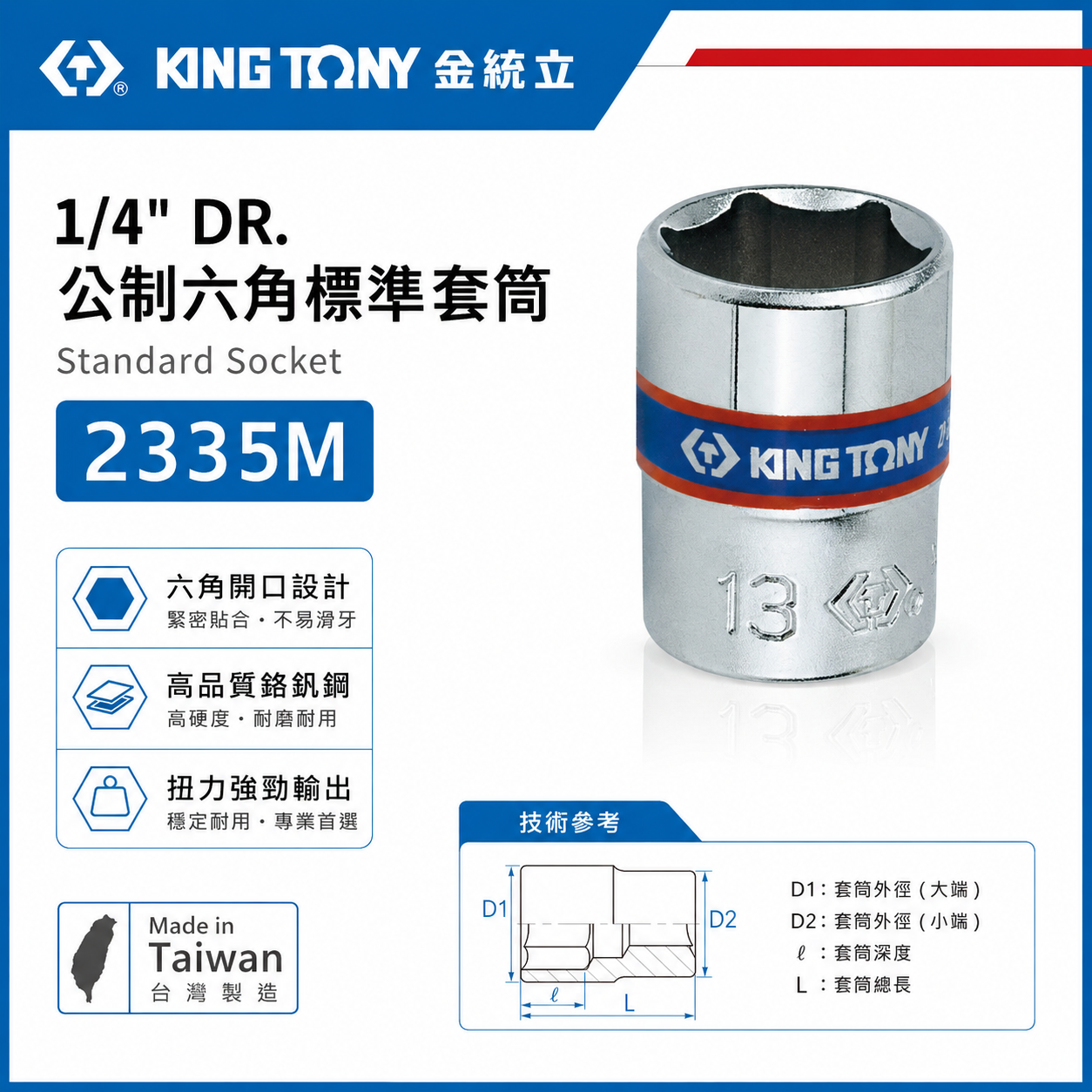 KING TONY 金統立｜兩分 公制六角標準套筒 1/4" 2分 6角 手動短套筒｜2335M 2335 公制六角標準套筒