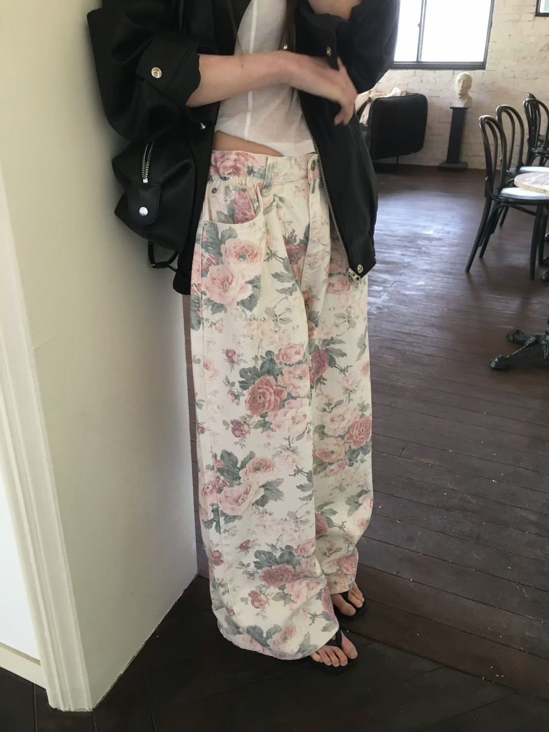 古典玫瑰花牛仔寬褲