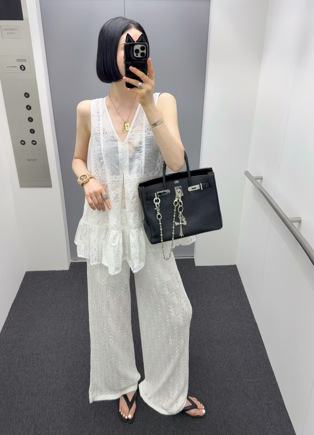 緹花蕾絲布背綁交錯棉麻背心