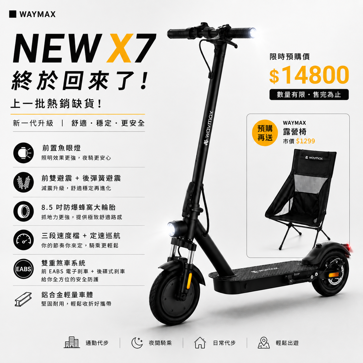 🔥限時預購$14,800| 買車送露營椅 | Waymax | New X7 電動滑板車
