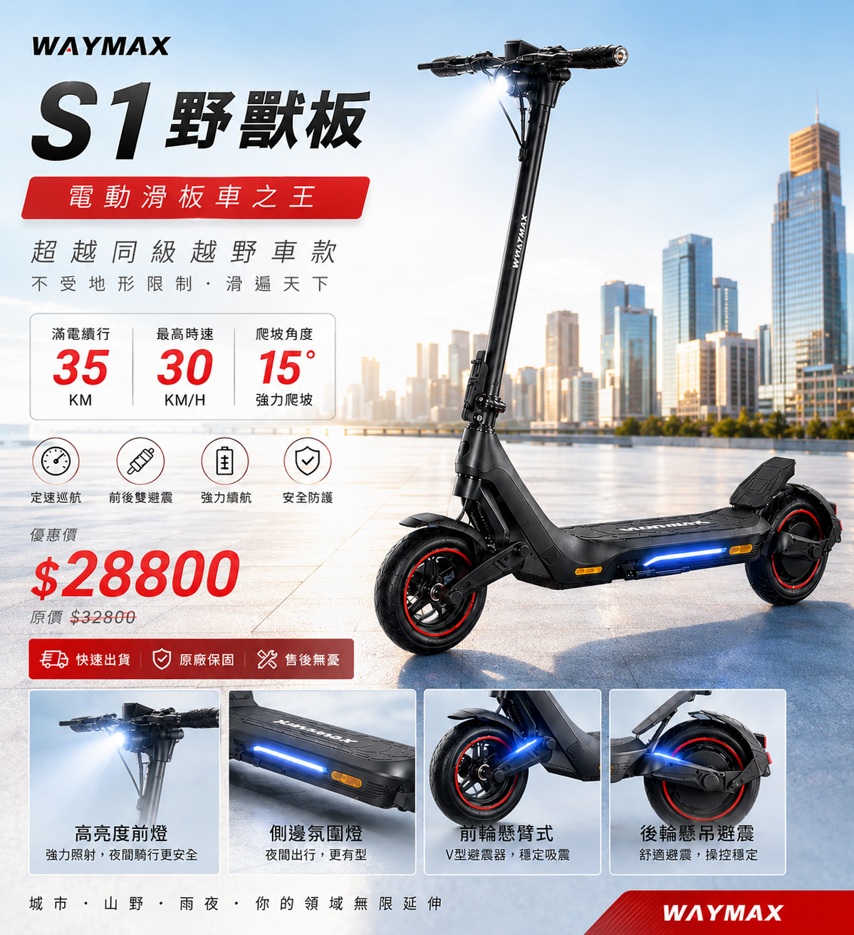 🔥限時優惠$28,800 | Waymax | S1 野獸板 | 電動滑板車之王  | 超越同級越野車款
