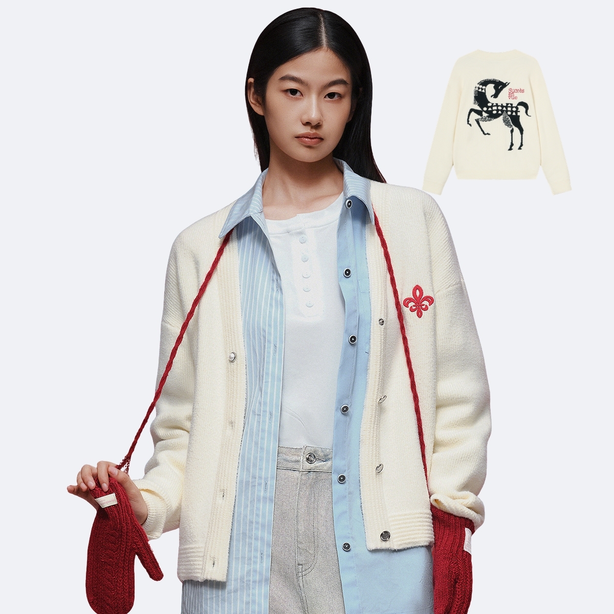 女裝刺繡鳶尾花LOGO 馬主題開襟毛衣