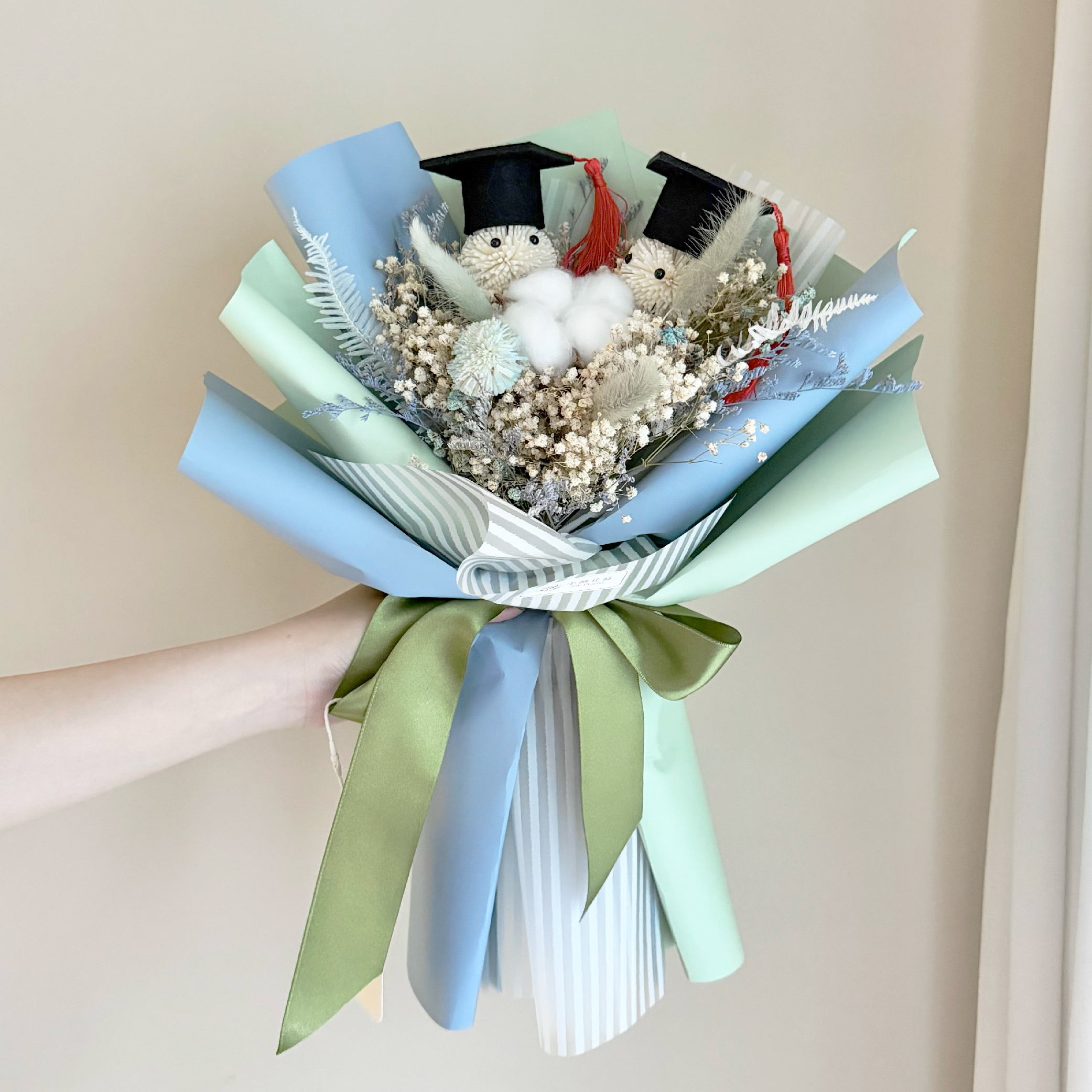 【雙色包裝&畢業小精靈&喜歡你】乾燥花束(藍色系/中型)｜畢業花束、索拉向日葵