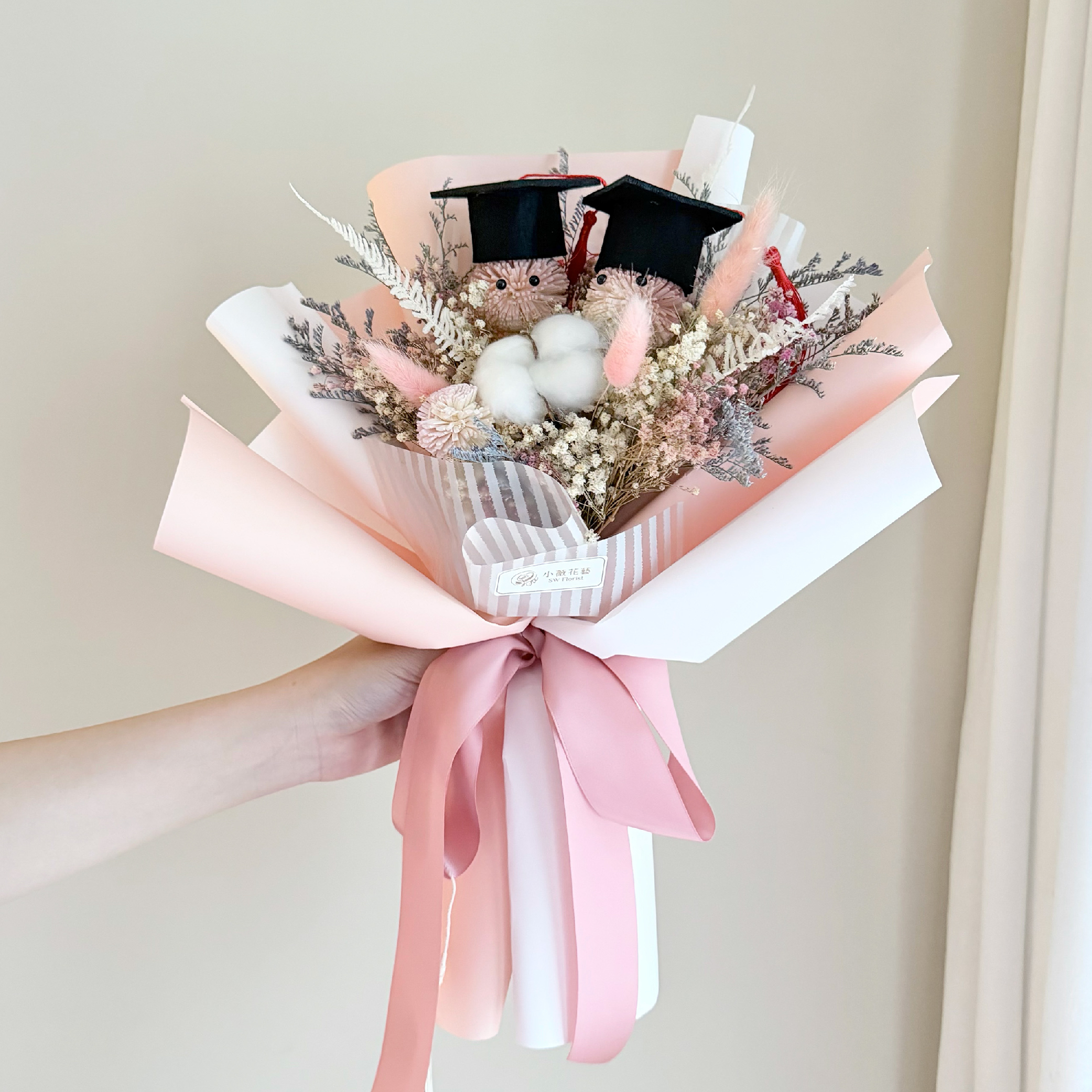 【雙色包裝&畢業小精靈&喜歡你】乾燥花束(粉色系/中型)｜畢業花束、索拉向日葵