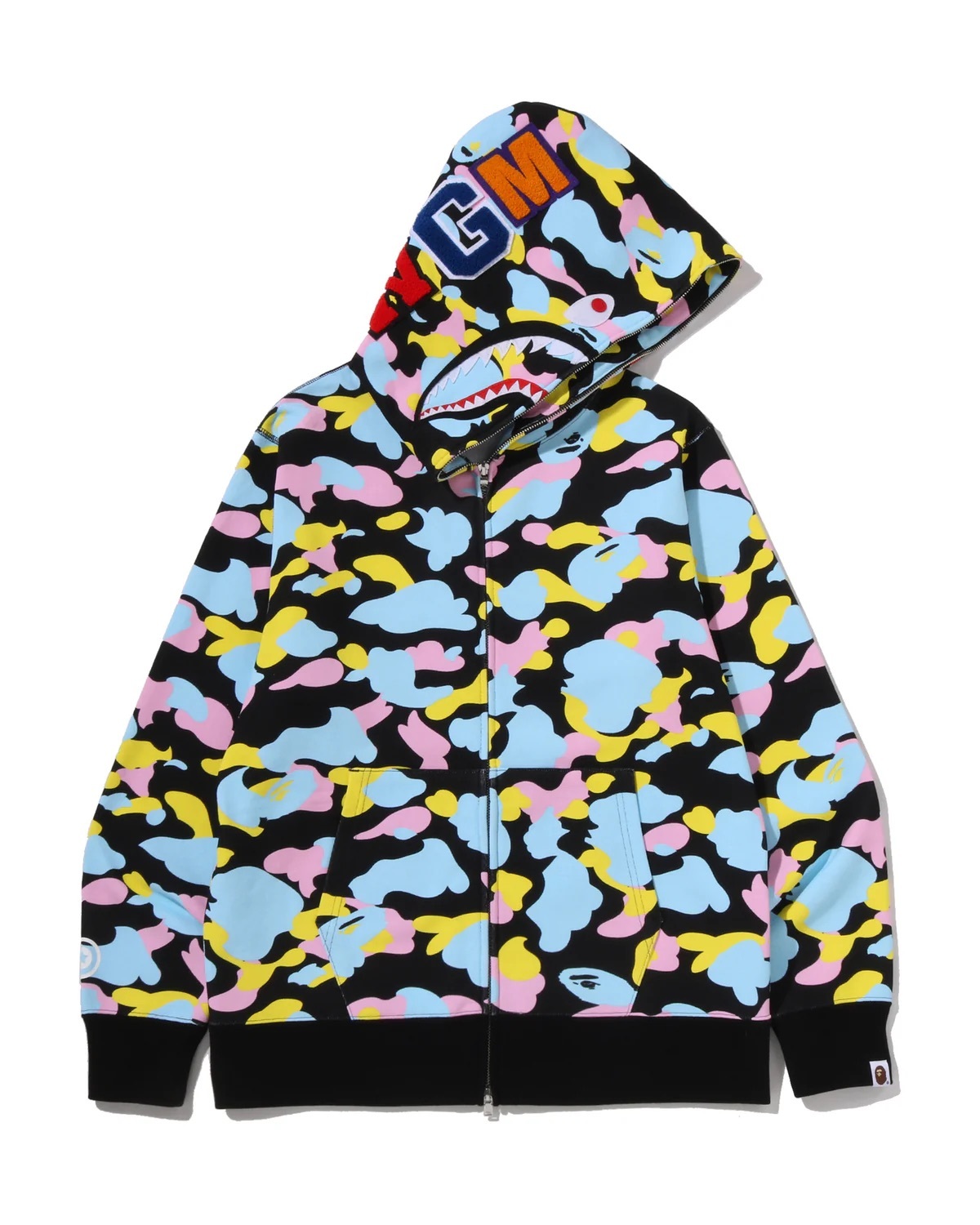 -(B2b03)-A BATHING APE MULTI CAMO SHARK FULL ZIP HOODIE 多色 繽紛 迷彩 鯊魚外套 黑色/白色-0ZXSWMX00515