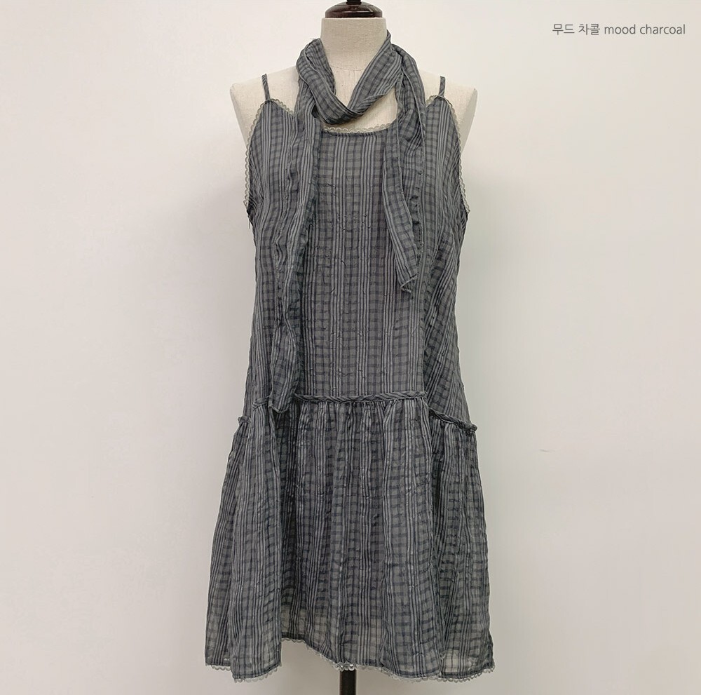 韓國grace muse授權 復古風情格紋蕾絲邊連身裙+絲巾SET
