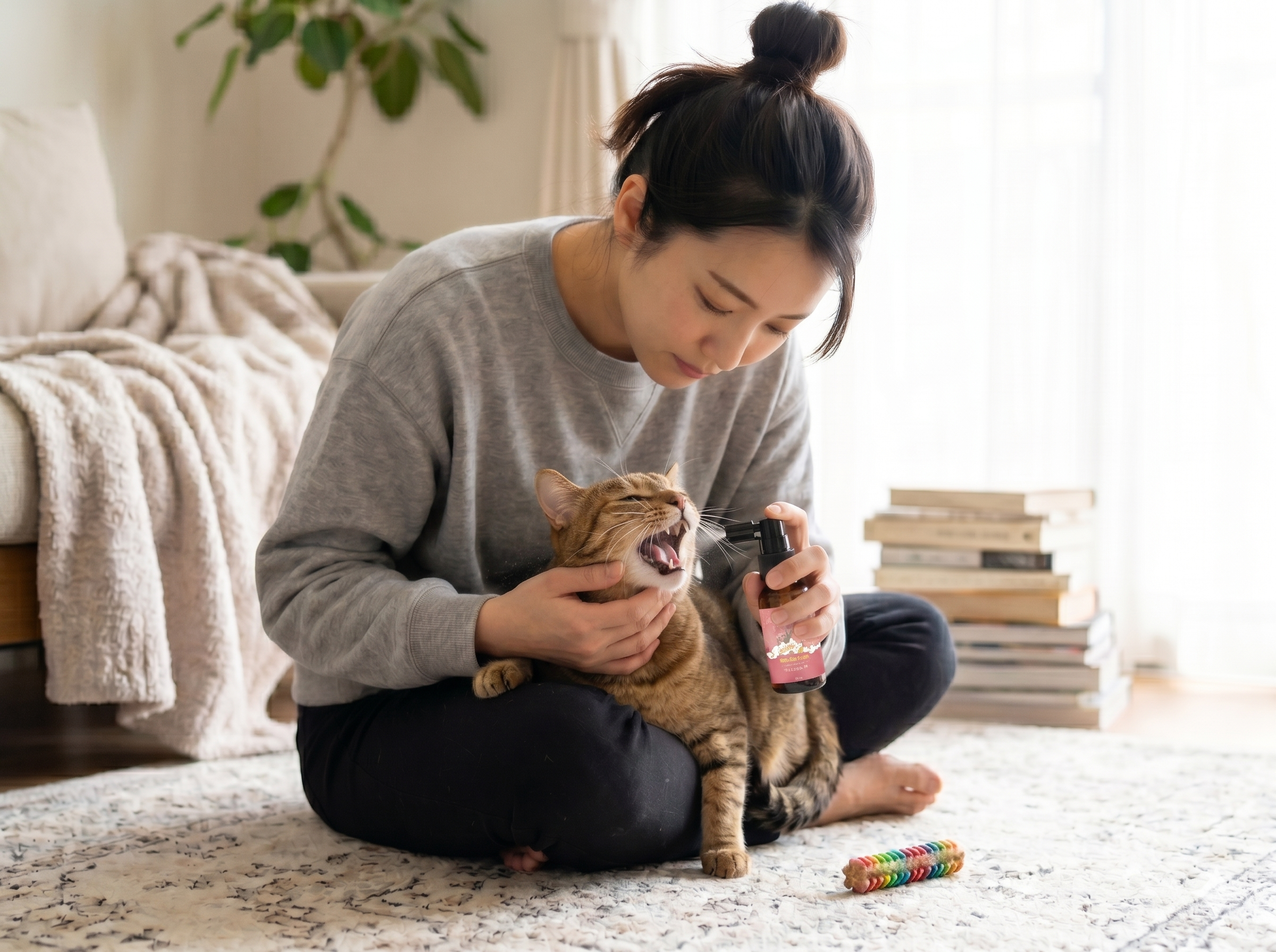 飼主幫貓咪進行日常口腔清潔照護的生活場景