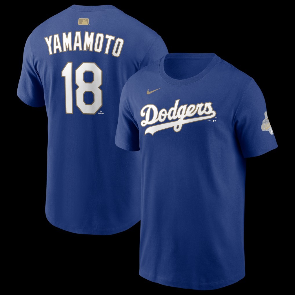MLB短袖 Yoshinobu Yamamoto 洛杉磯道奇藍 金字 燙金 連霸 冠軍開幕戰 Nike Player Name Tee 棉質 短袖 全新