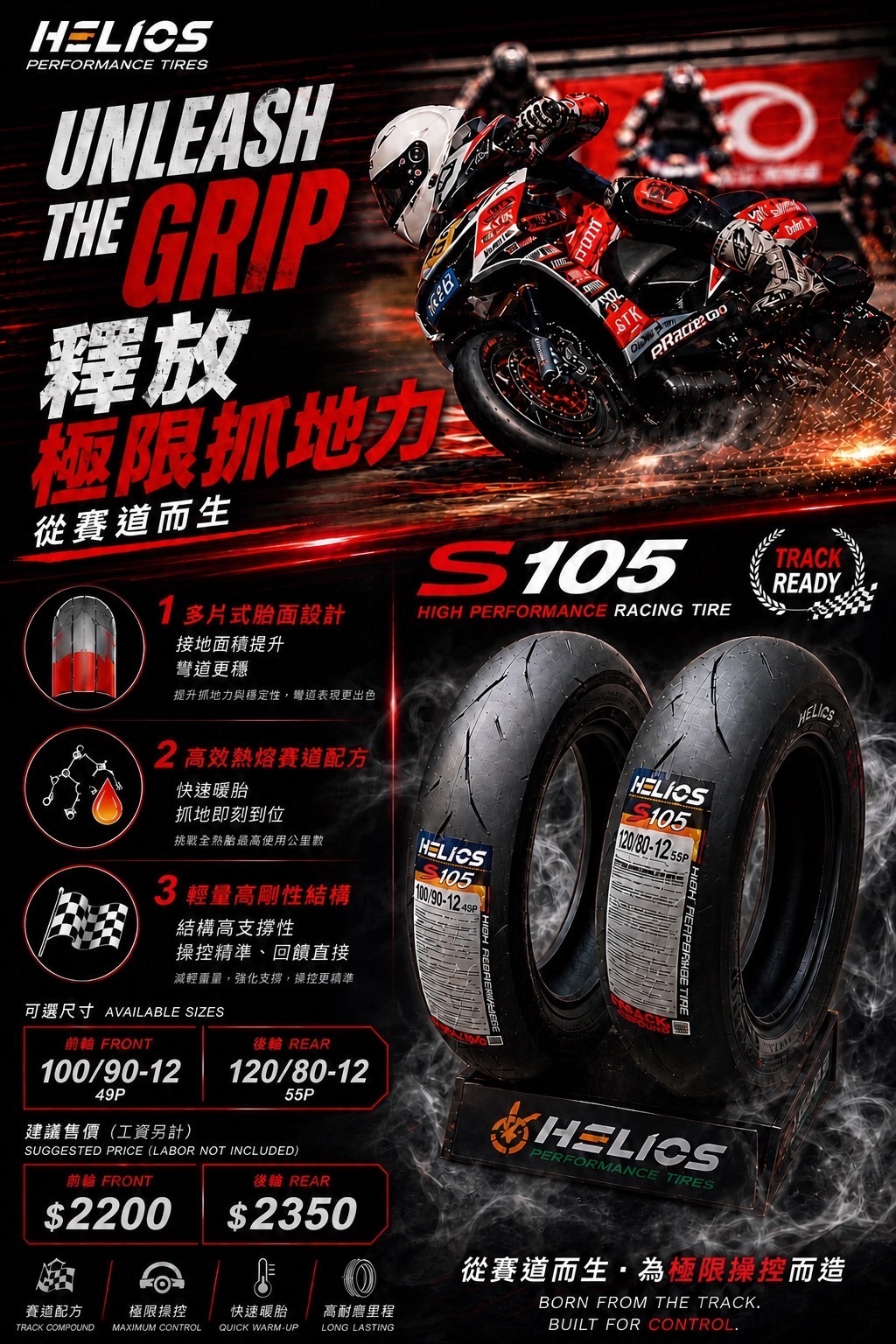 【HELIOS 赫璐】 S105 全熱融高胎 12吋 賽道胎 道路胎