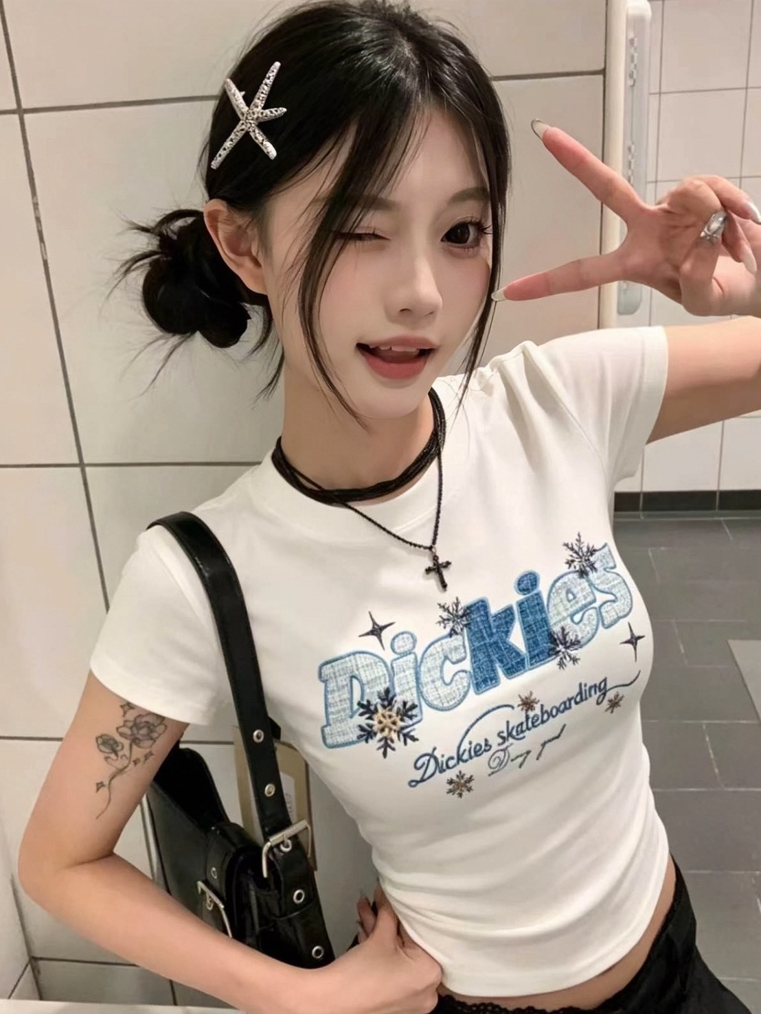 DICKIES 美式立體雪花 刺繡格紋 圓領短恤 男女同款