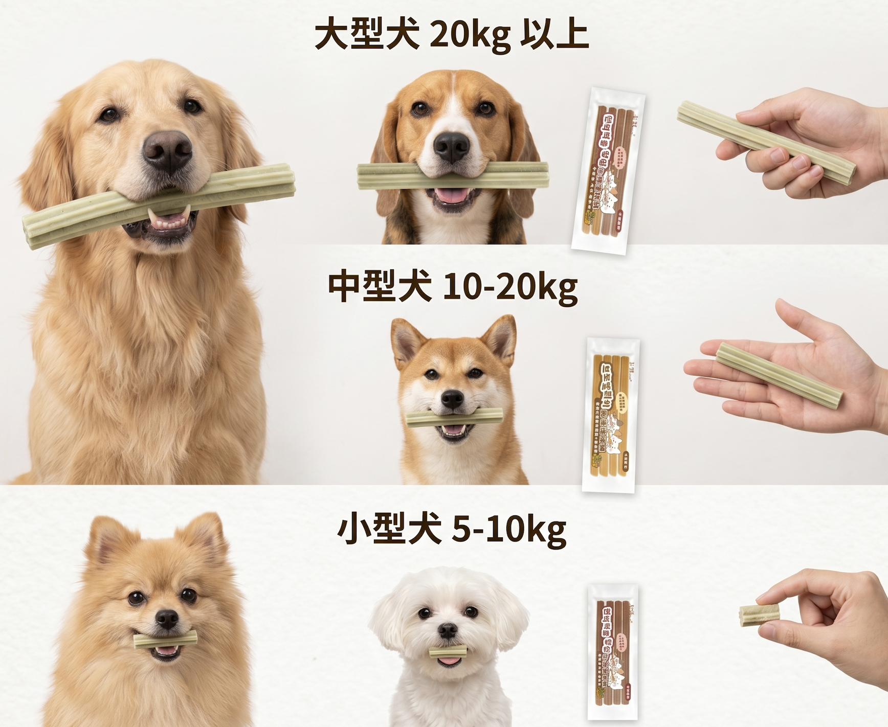 不同體型犬種搭配對應尺寸潔牙骨的示意圖