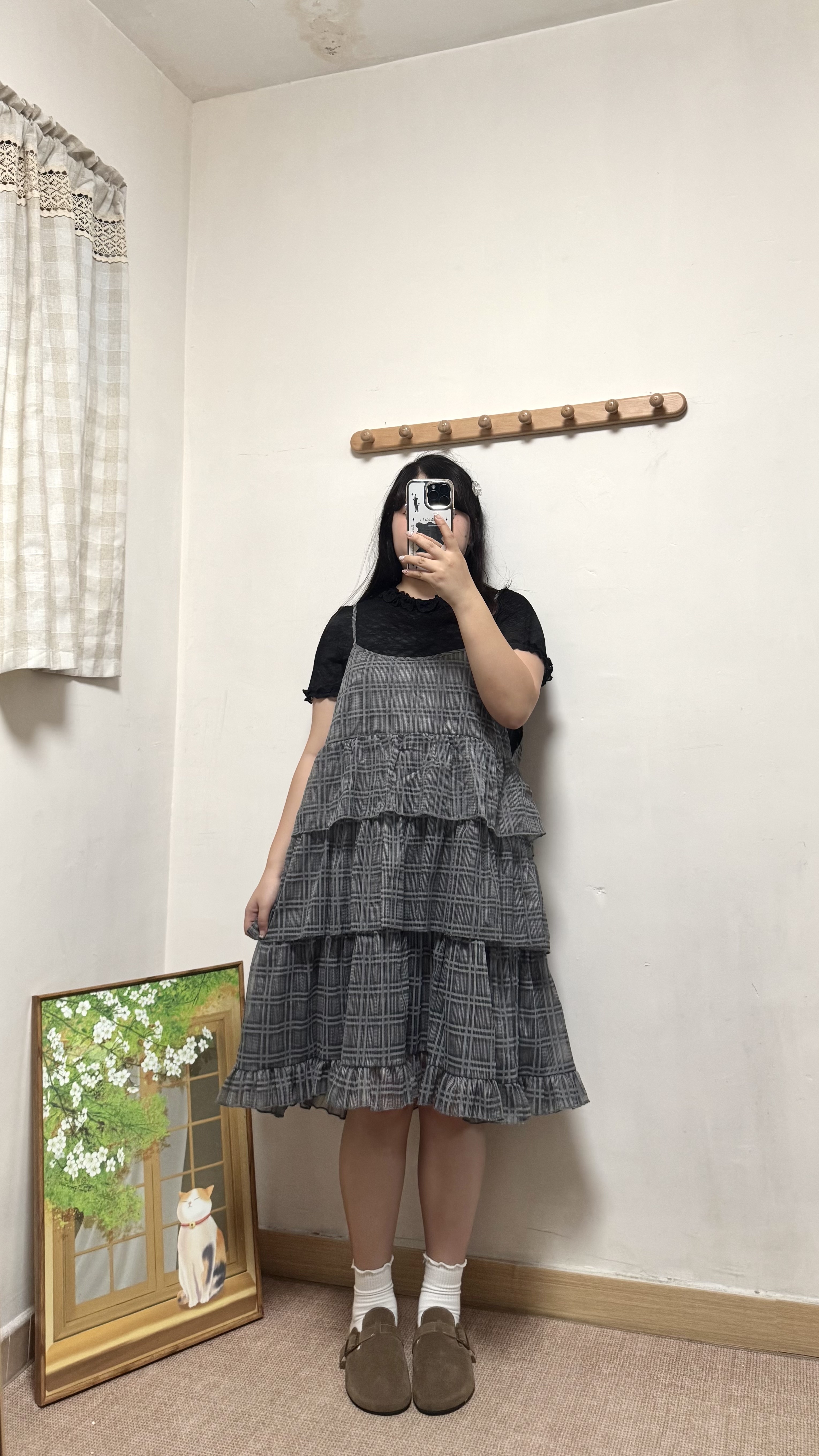 層層格紋吊帶中長OPS