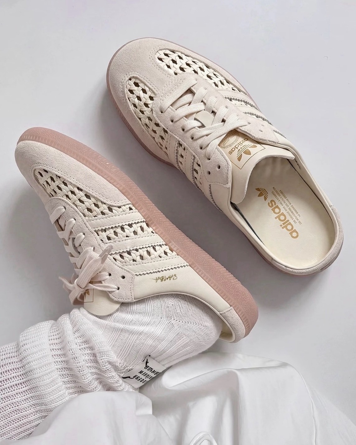 Adidas Samba 奶白 簍空 編織 穆勒拖