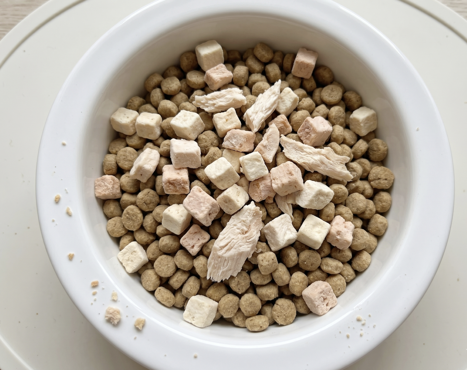 凍乾原肉碎片撒在貓飼料上的拌糧特寫