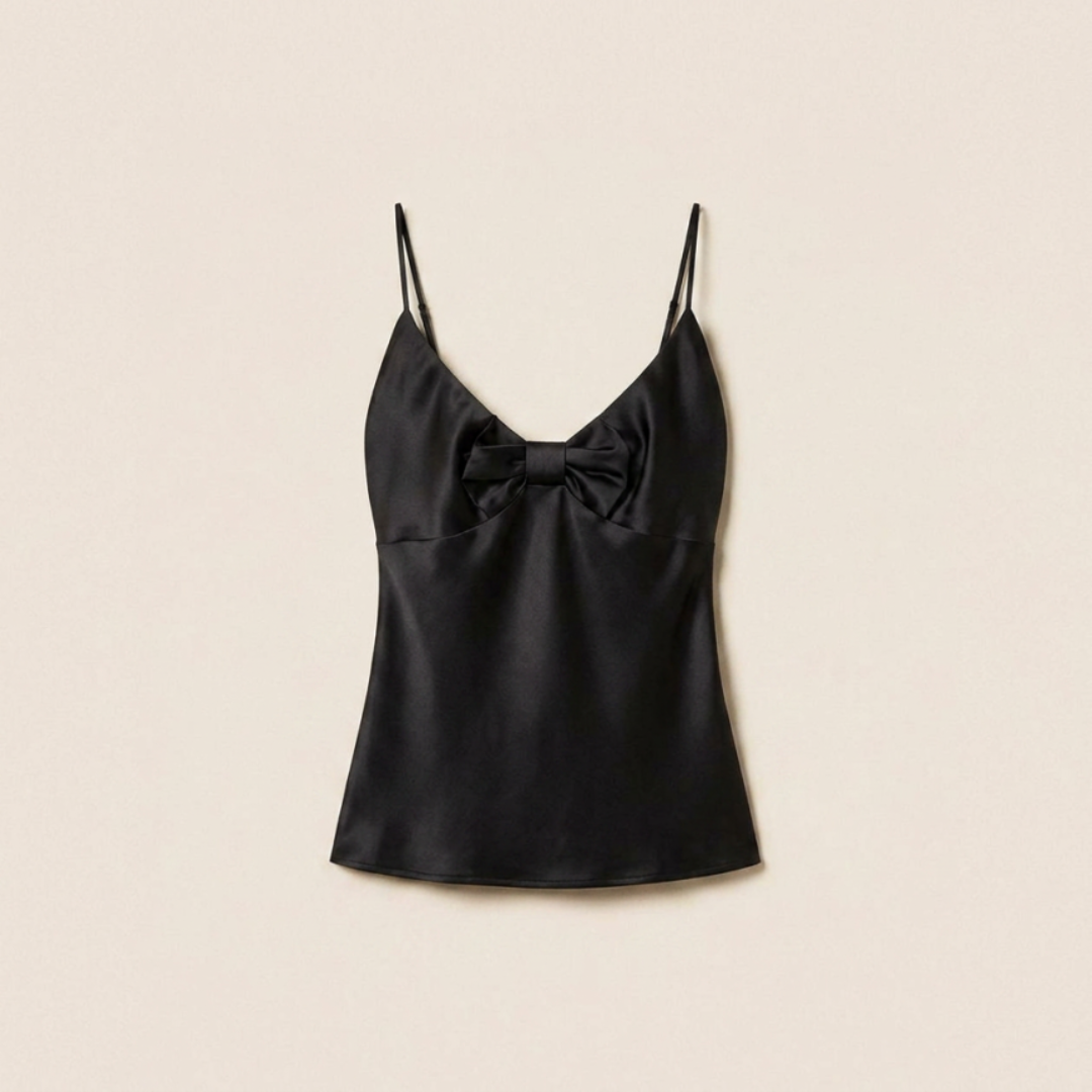 1TS0319-094 [TWINSET] Satin Top with Knot Black #261AP2253 (C-EU-E)