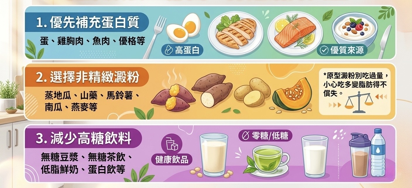 1.優先補充蛋白質 蛋、雞胸肉、魚肉、優格等 2.選擇非精緻澱粉 蒸地瓜、山藥、馬鈴薯、南瓜、燕麥等 *原型澱粉別吃過量,小心吃多變脂肪得不償失。 3.減少高糖飲料 無糖豆漿、無糖茶飲、低脂鮮奶、蛋白飲等