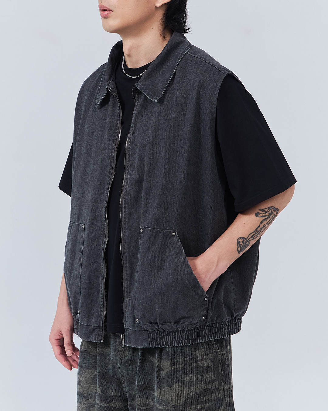 Men's Washed Studded Collar Denim Vest Jacket M/L【02080324】in stock+pre-order
