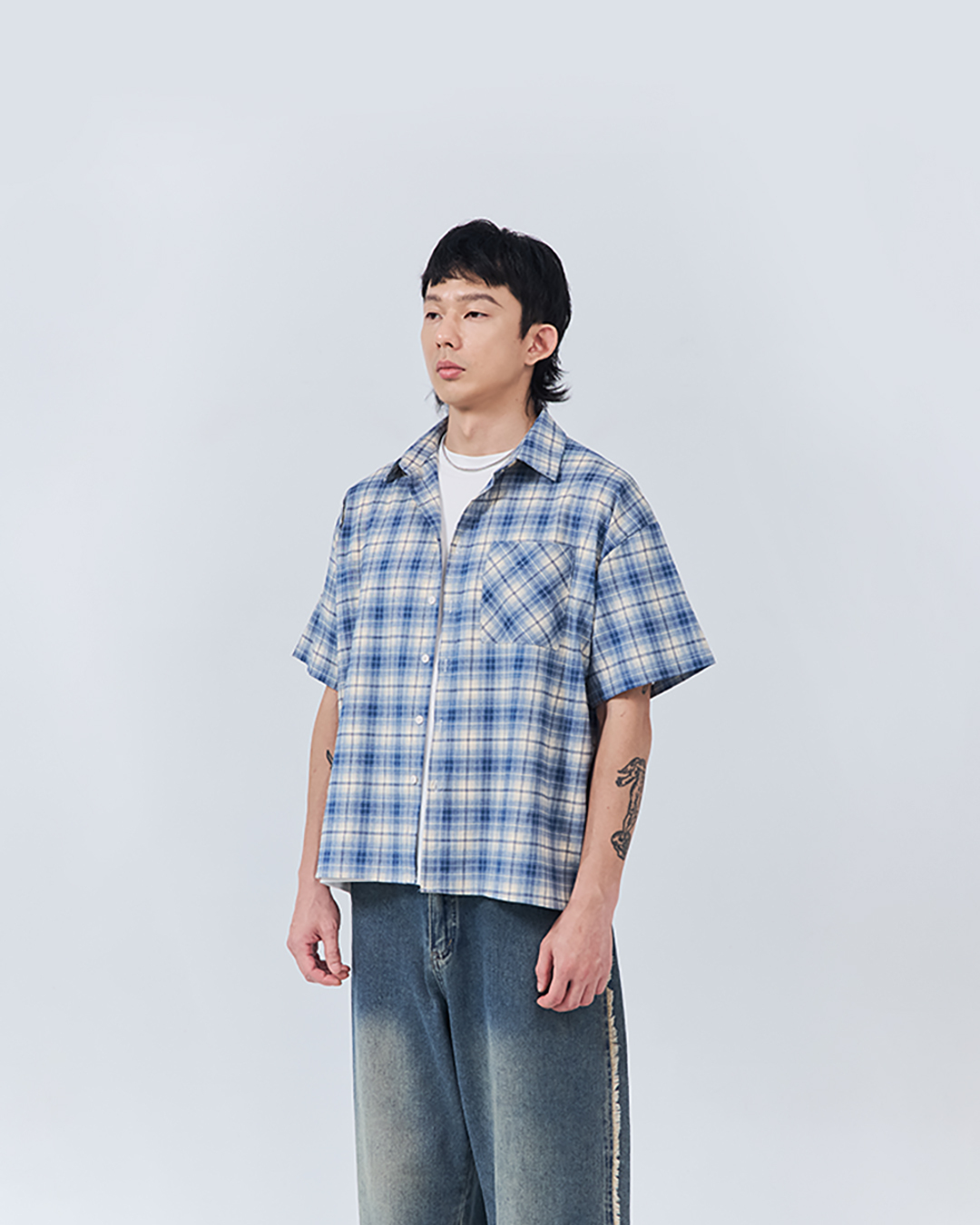 Men's Classic Checkered Short-Sleeve Shirt with Single Front Pocket - Blue M/L/XL【01025814】in stock+pre-order