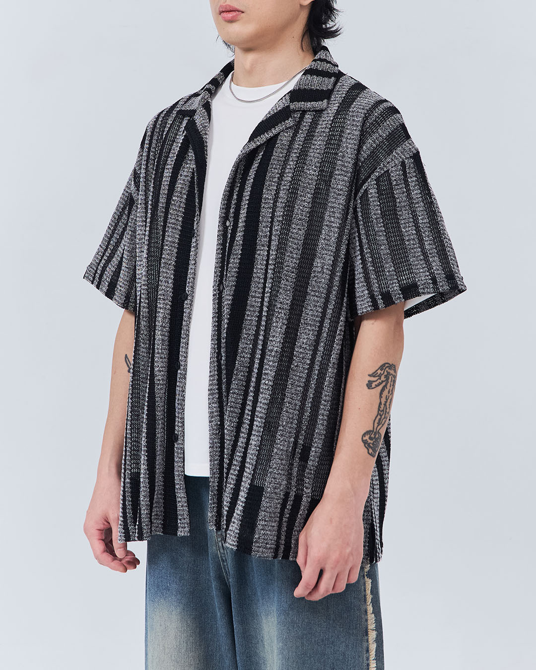 Men's Striped Openwork Knit Cuban Collar Short-Sleeve Shirt M/L【01013529】in stock+pre-order