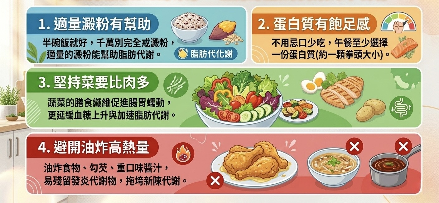 午餐4大原則: 避免新陳代謝進入停滯期,澱粉一定要適量吃,防止下午容易血糖波動造成暴食或想喝飲料! 1.適量澱粉有幫助 半碗飯就好,千萬別完全戒澱粉,適量的澱粉能幫助脂肪代謝。 2.蛋白質有飽足感 不用忌口少吃,午餐至少選擇一份蛋白質(約一顆拳頭大小)。 3.堅持菜要比肉多 蔬菜的膳食纖維促進腸胃蠕動,更延緩血糖上升與加速脂肪代謝。 4.避開油炸高熱量 油炸食物、勾芡、重口味醬汁,易殘留發炎代謝物,拖垮新陳代謝。
