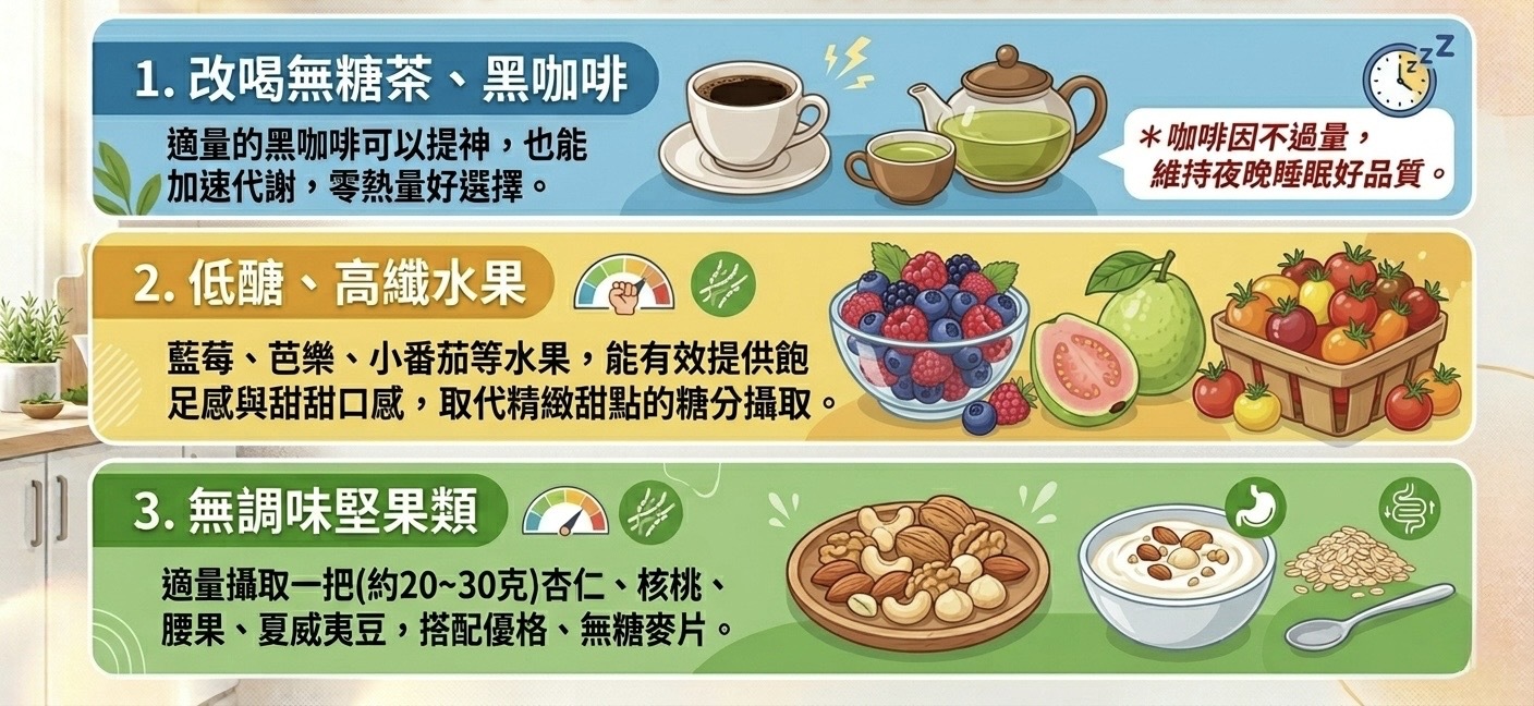 下午茶這樣吃: 建議可以選擇低卡、低熱量、高蛋白質、高纖維、原型食物當作下午茶選項唷! 1.改喝無糖茶、黑咖啡 適量的黑咖啡可以提神,也能加速代謝,零熱量好選擇。 *咖啡因不過量,維持夜晚睡眠好品質。 2.低醣、高纖水果 藍莓、芭樂、小番茄等水果,能有效提供飽足感與甜甜口感,取代精緻甜點的糖分攝取。 3.無調味堅果類 適量攝取一把(約20~30克)杏仁、核桃、腰果、夏威夷豆,搭配優格、無糖麥片,兼顧營養與美味。