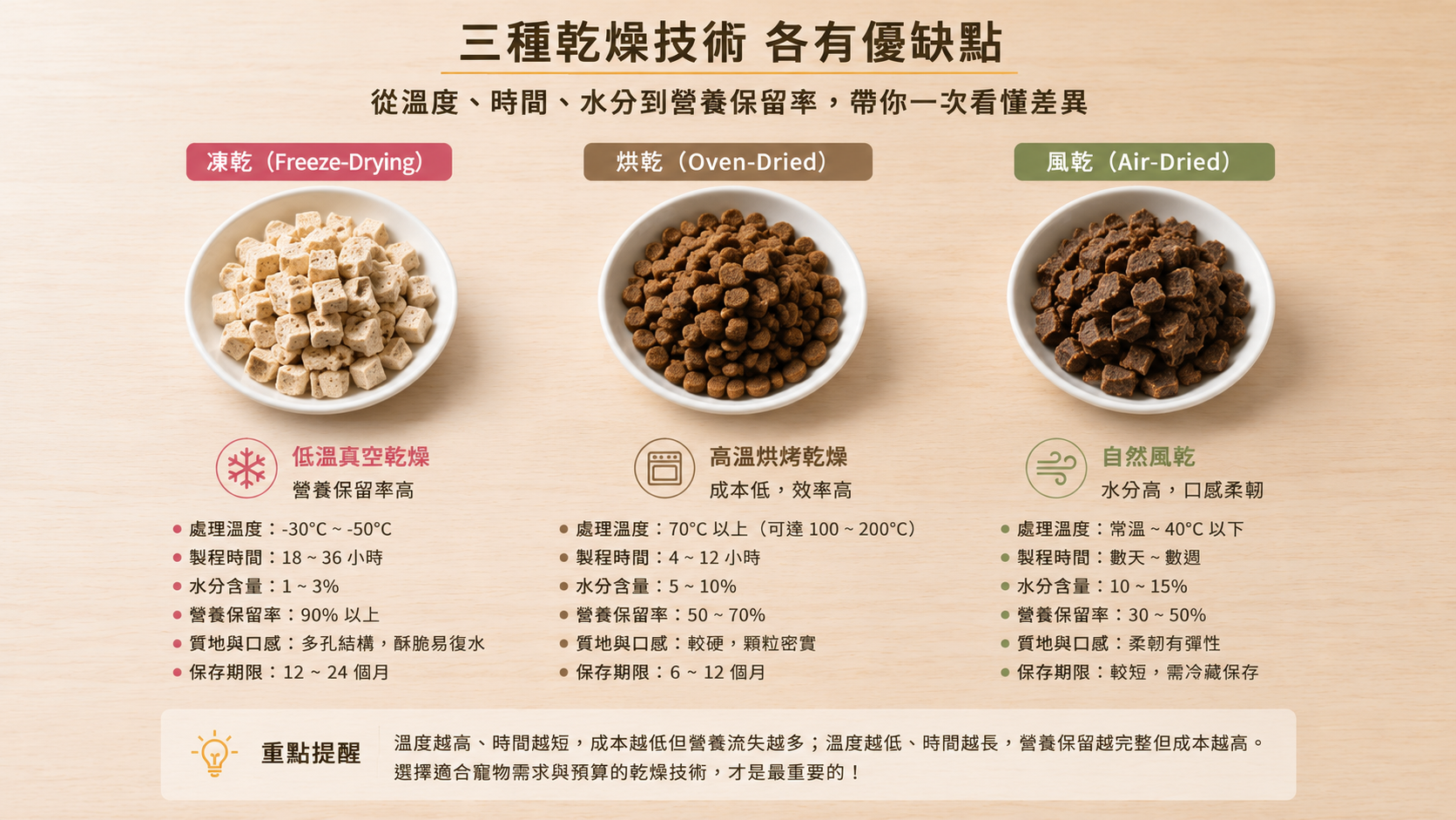 凍乾烘乾風乾三種寵物乾燥食品並排比較