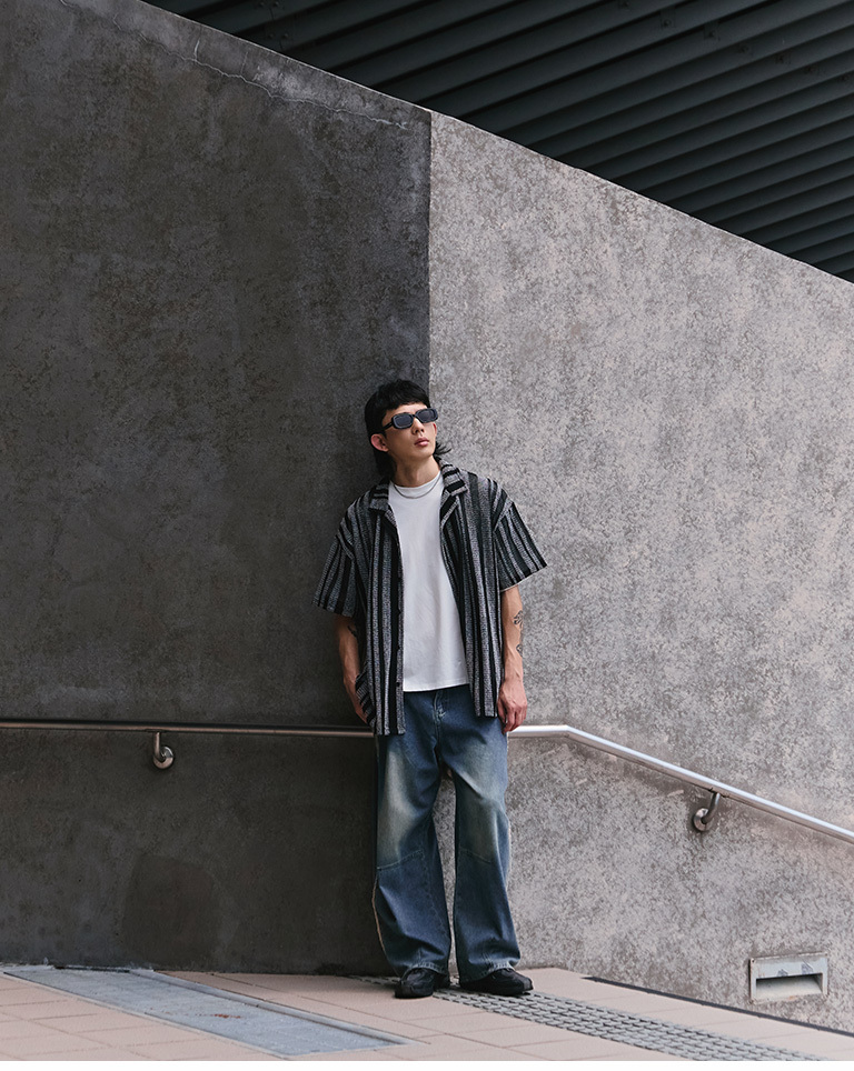 Men's Striped Openwork Knit Cuban Collar Short-Sleeve Shirt M/L【01013529】in stock+pre-order