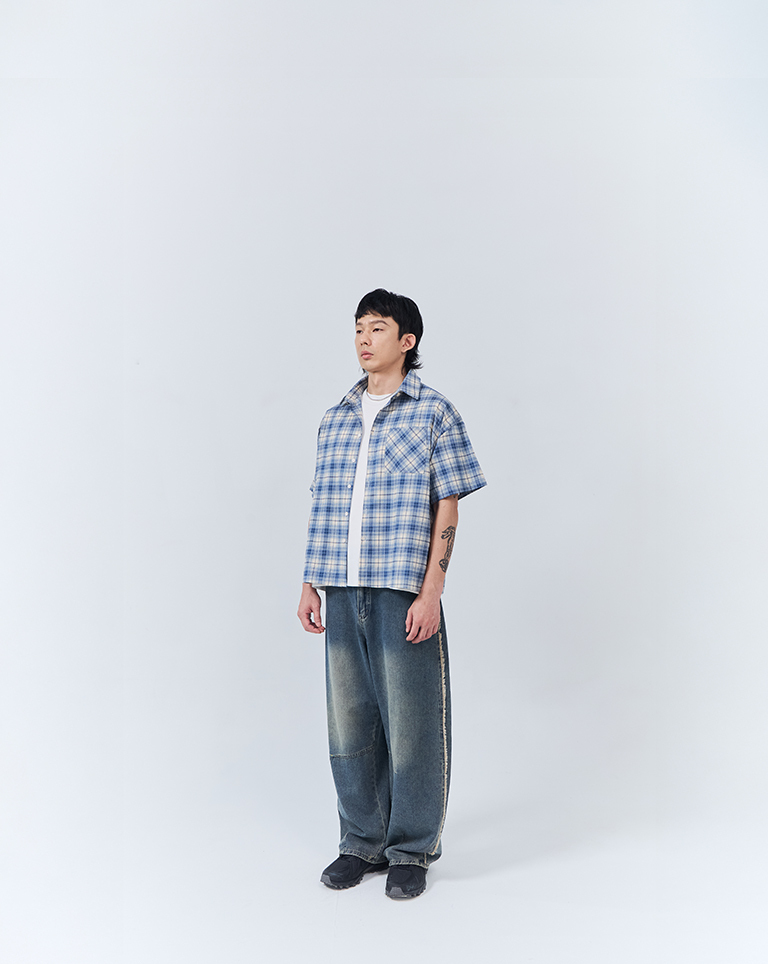 Men's Classic Checkered Short-Sleeve Shirt with Single Front Pocket - Blue M/L/XL【01025814】in stock+pre-order