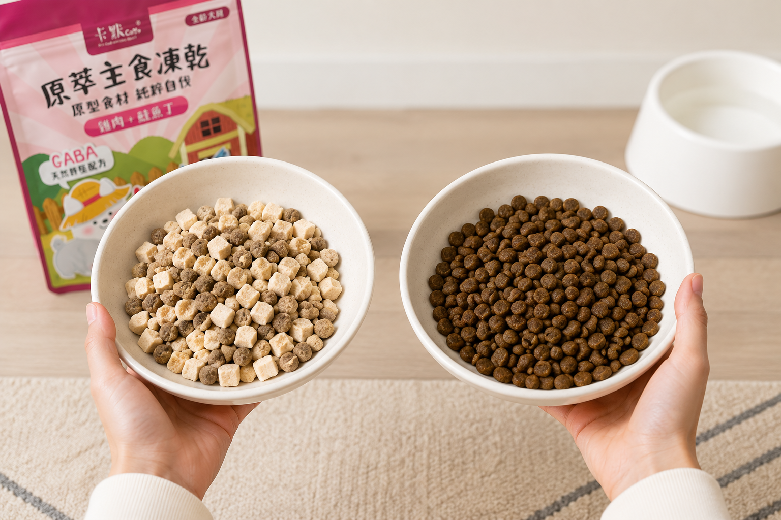 主食凍乾與傳統乾飼料並排比較,飼主在挑選寵物食物