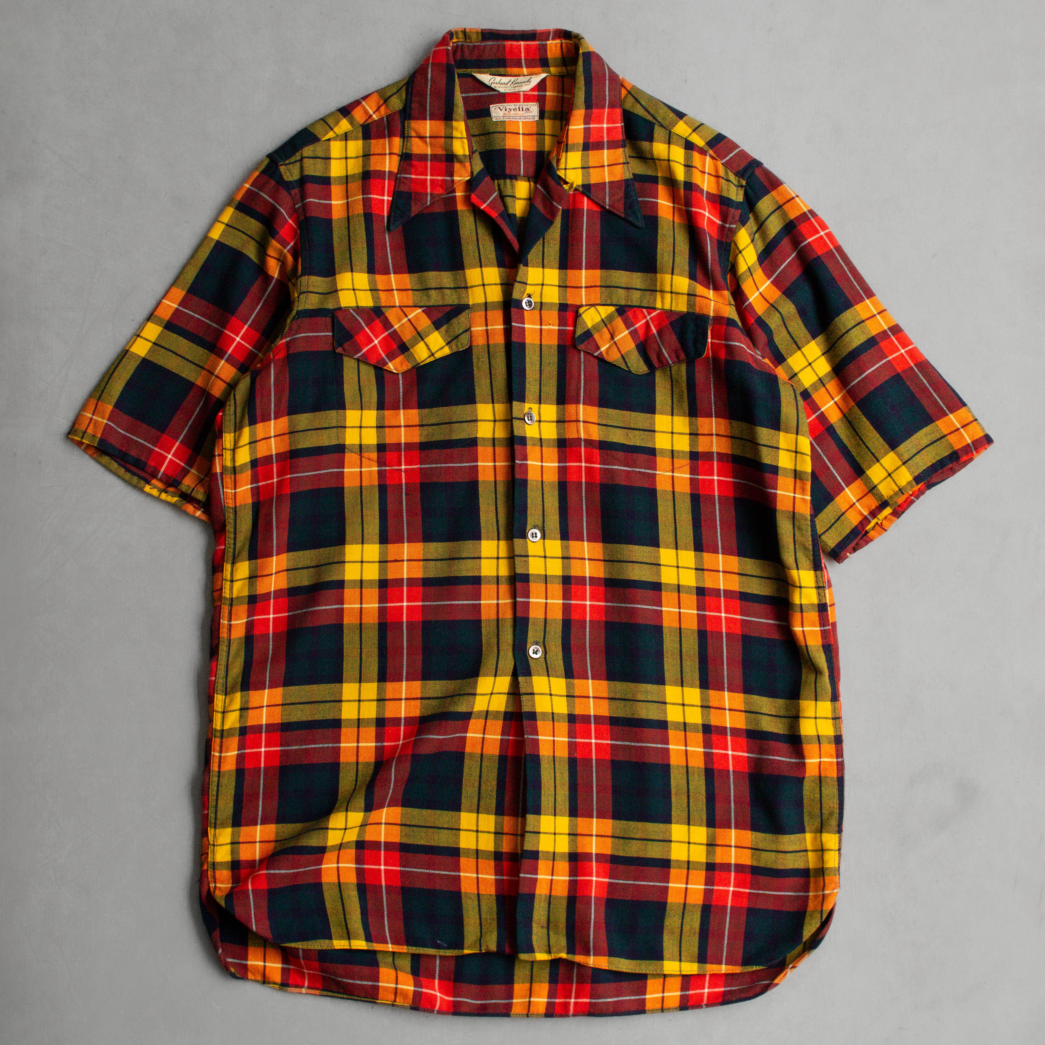 40-50S RAYON PLAID OPEN SHIRT 美國製 橘黃 格紋 嫘縈 開領 短袖 襯衫