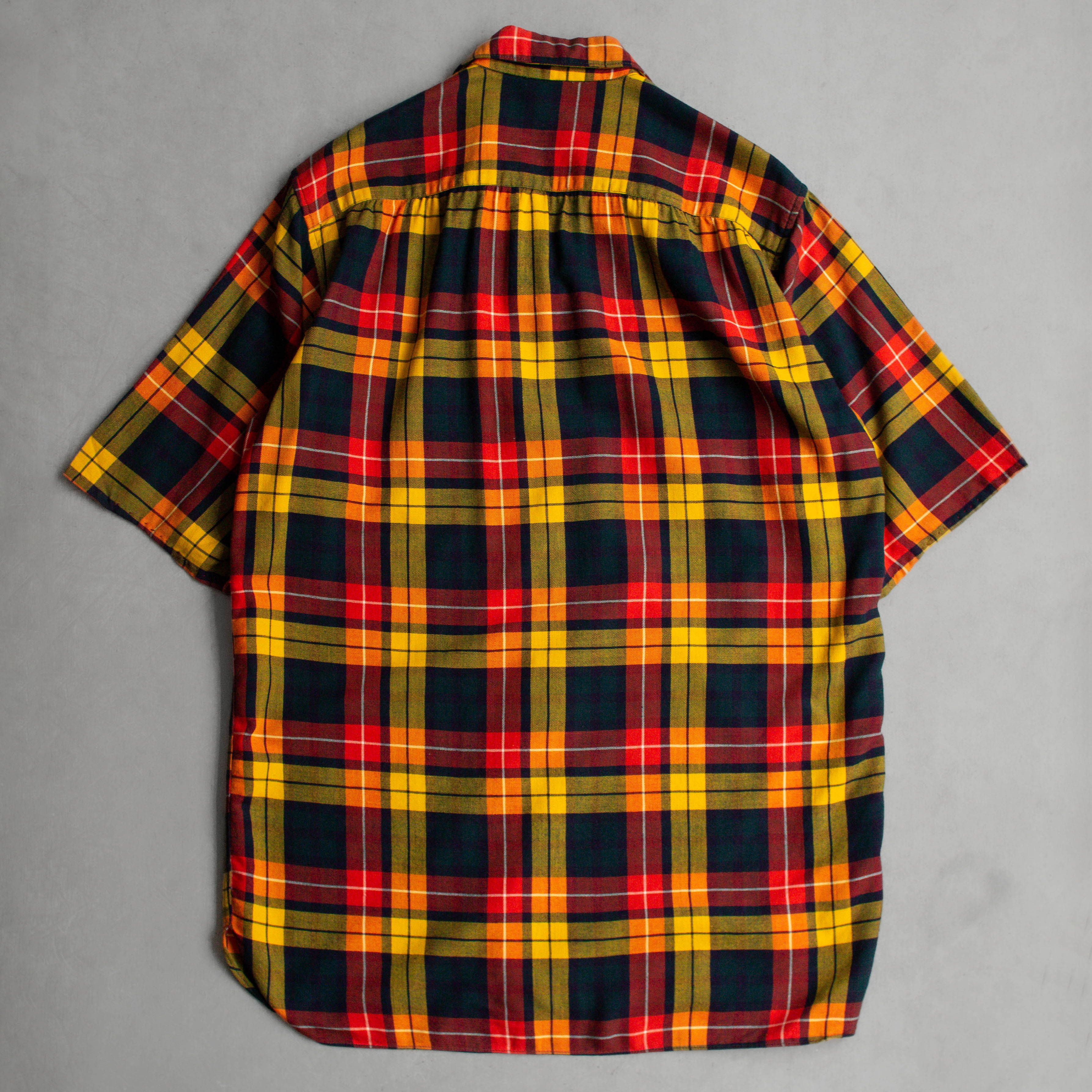 40-50S RAYON PLAID OPEN SHIRT 美國製 橘黃 格紋 嫘縈 開領 短袖 襯衫