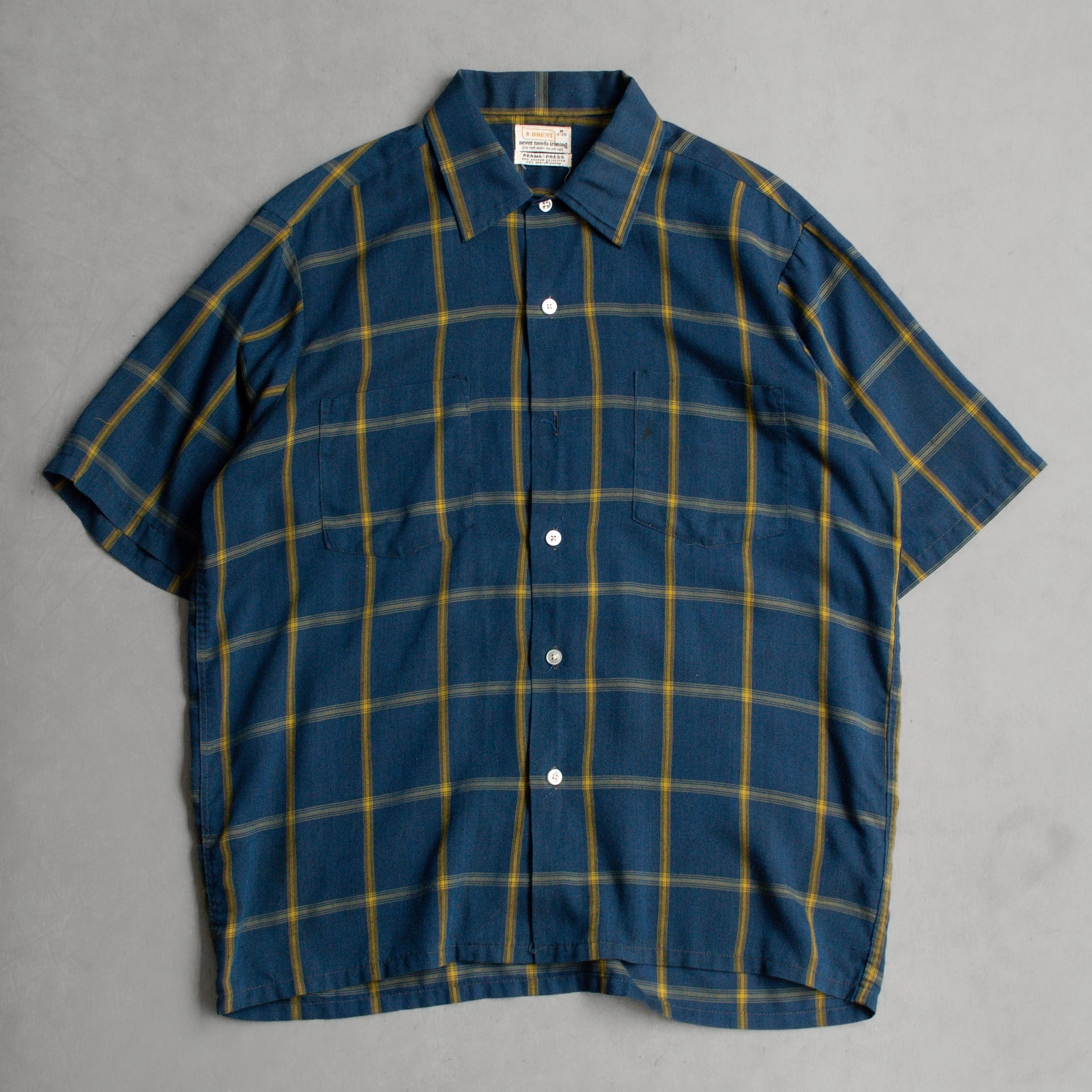 60S RAYON PLAID OPEN SHIRT 美國製 藍綠色 格紋 嫘縈 開領 短袖 襯衫