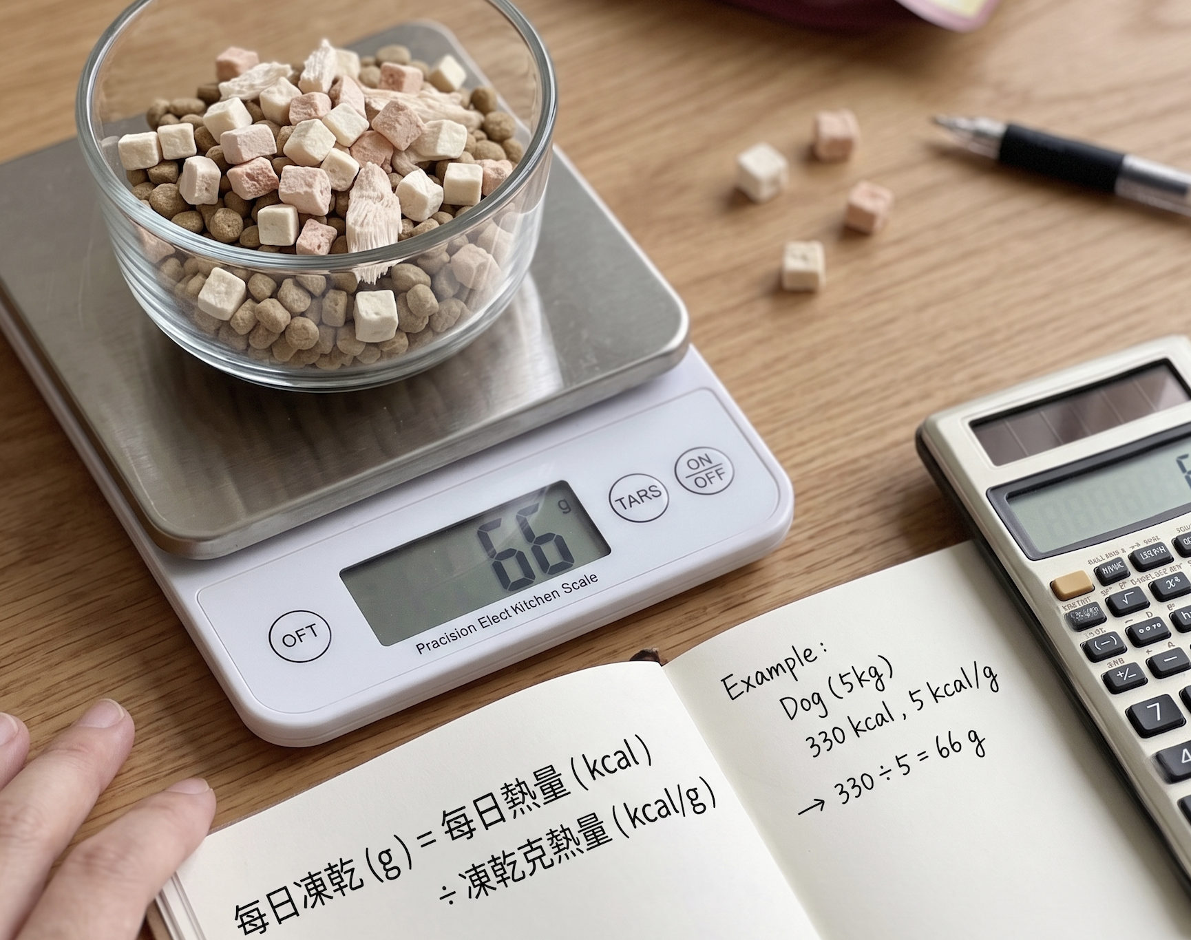 電子秤秤量主食凍乾的份量,精確計算每日餵食克數