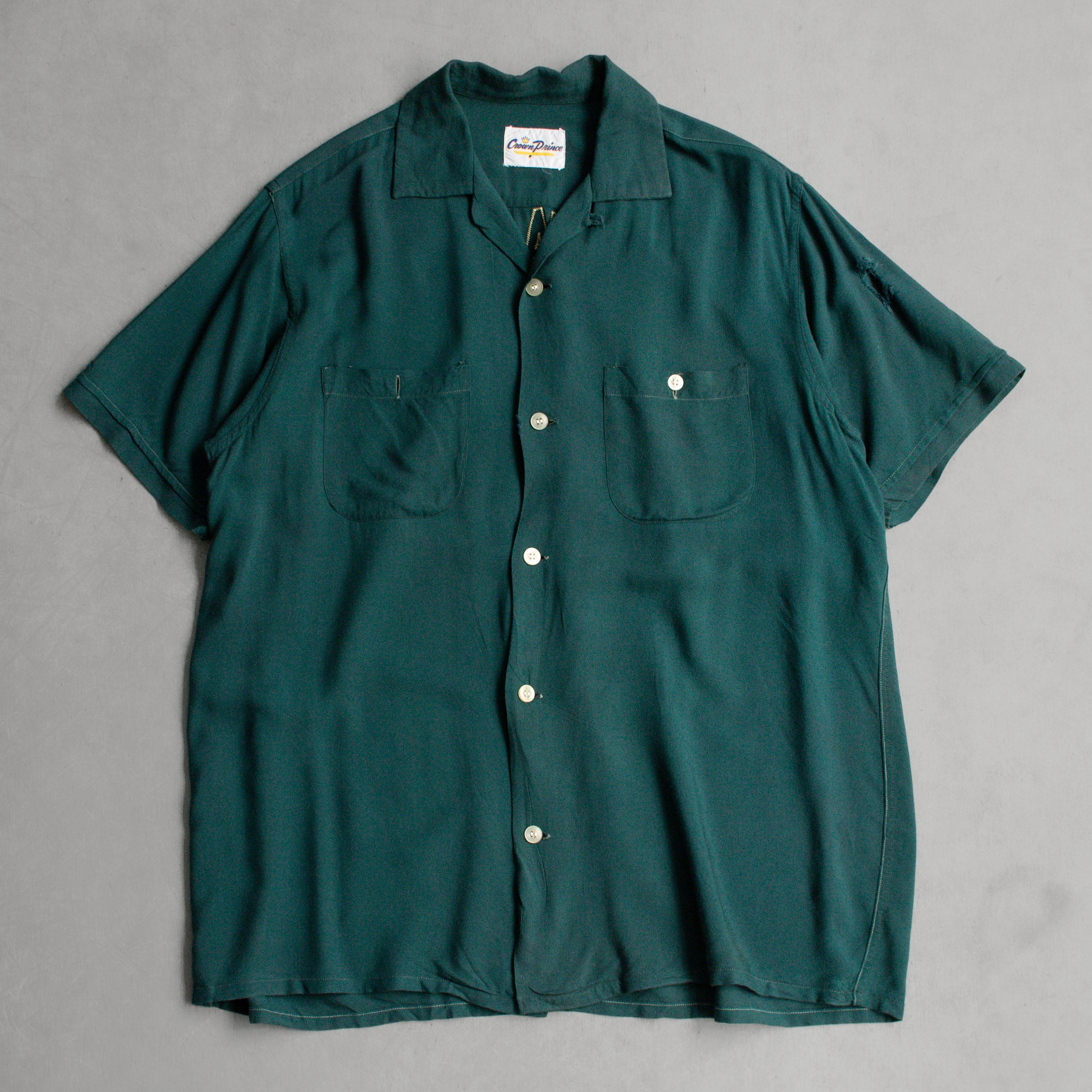 60S RAYON BOWLING SHIRT 美國製 墨綠 嫘縈 開領 短袖 保齡球 襯衫
