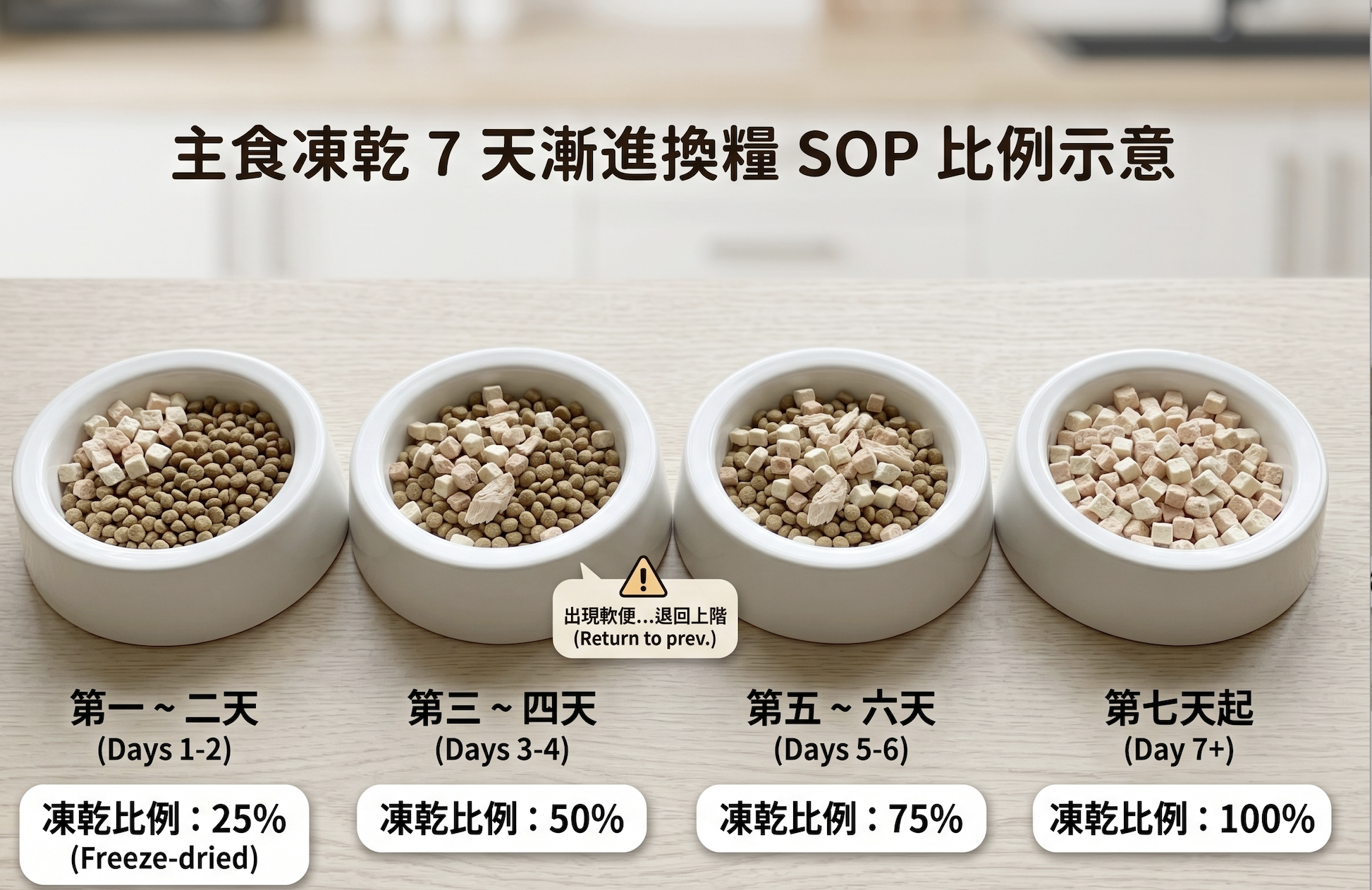 主食凍乾 7 天漸進換糧 SOP 比例示意,從 25% 到 100% 的漸進過程