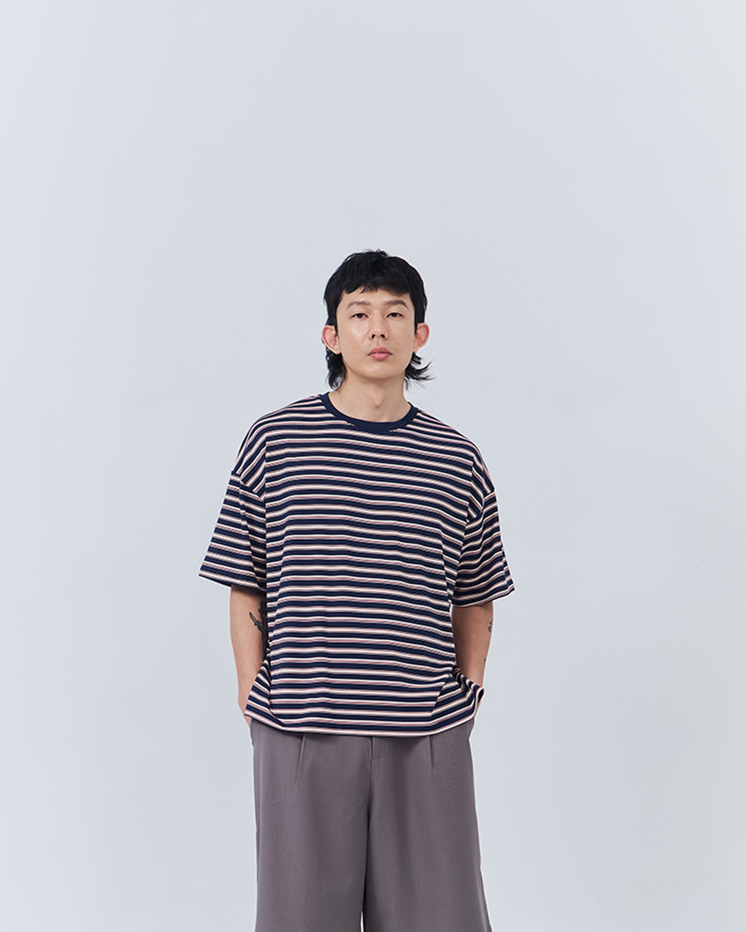 Men's Striped Wide-Leg Short-Sleeve Top - Dark Blue M/L/XL【01190326】in stock+pre-order