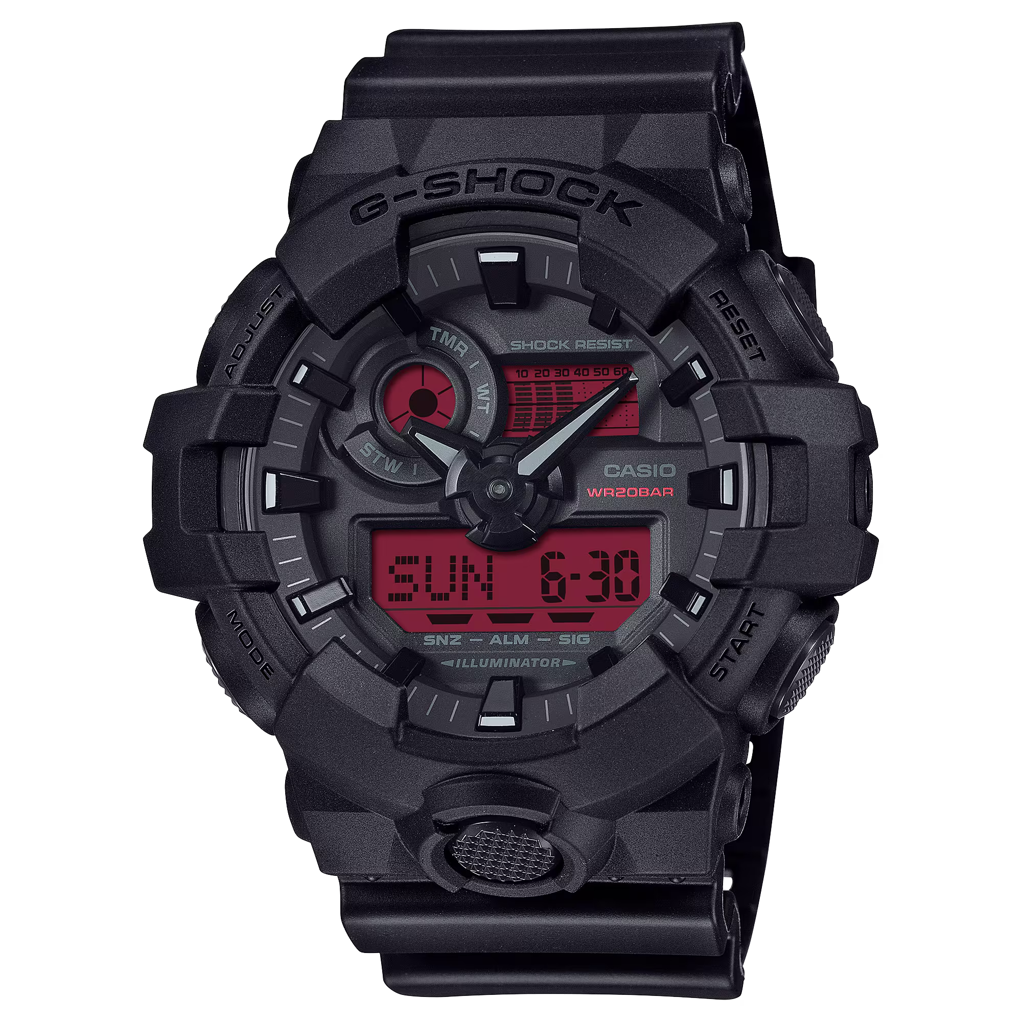【CASIO 卡西歐】 G-SHOCK  黑紅 大錶殼酷炫設計 設計大膽奪目 世界時間多功能耐衝擊數位雙顯 雙顯手錶 GA-700BBR-1A