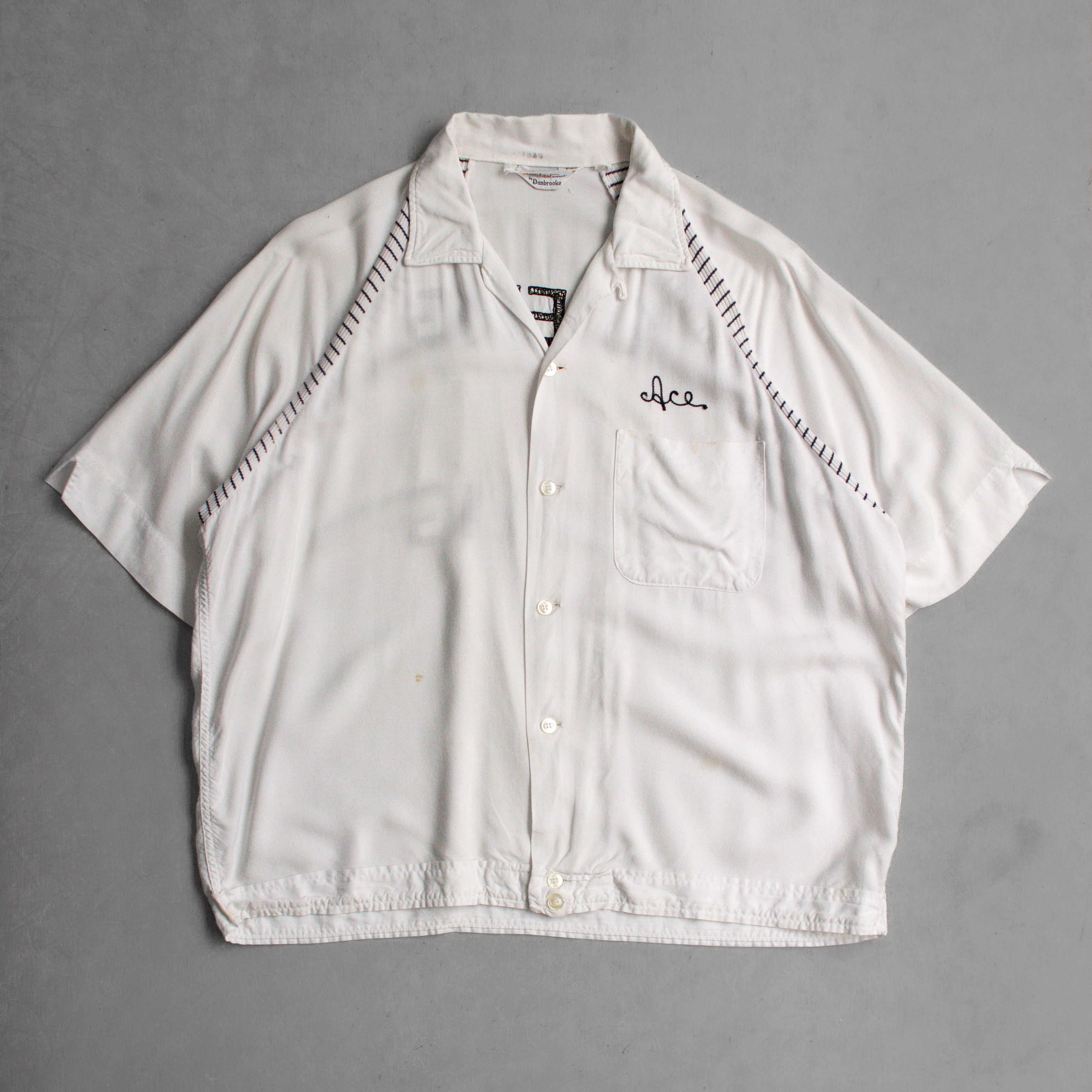 50-60S RAYON BOWLING SHIRT 美國製 白色 刺繡 嫘縈 開領 短袖 保齡球 襯衫
