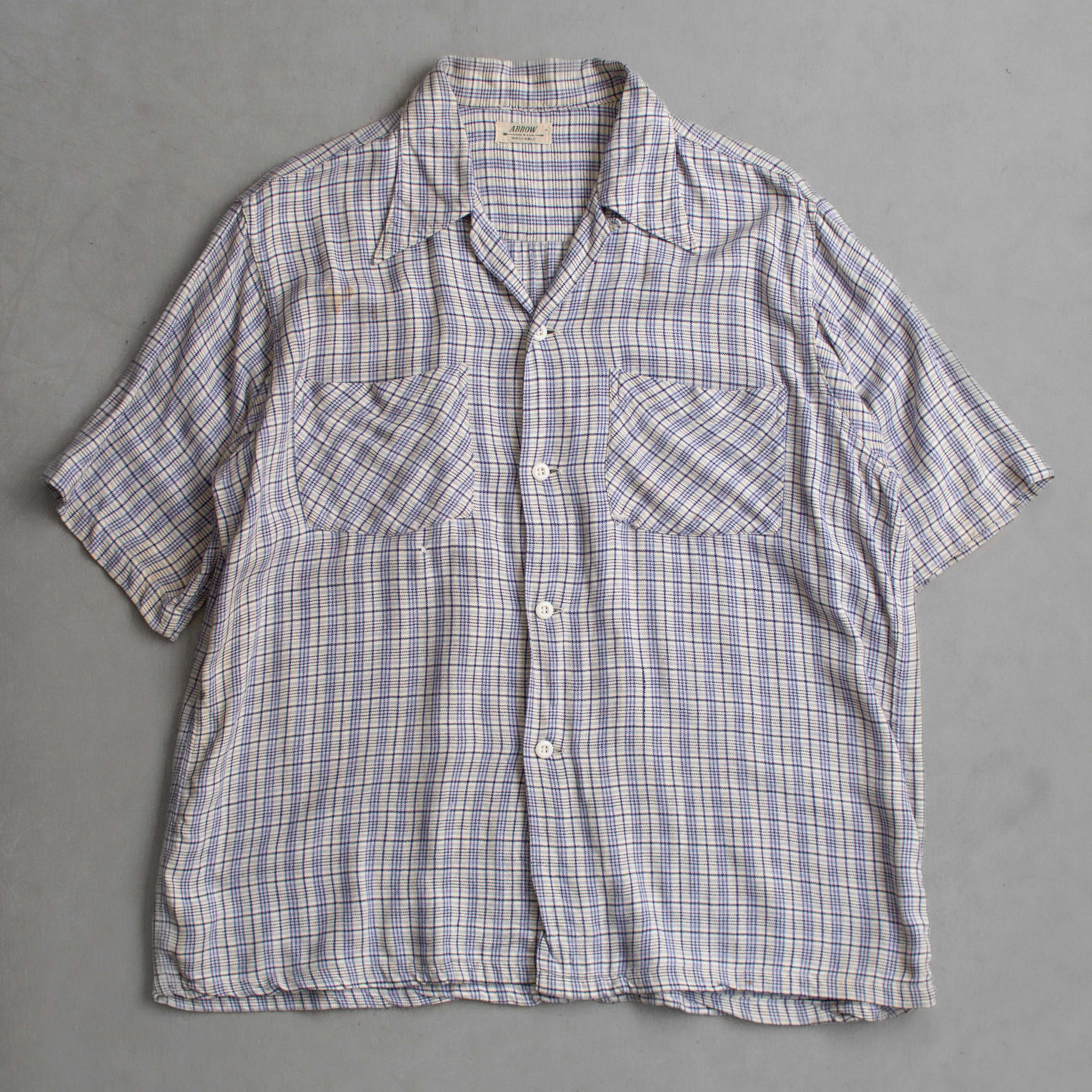 50S RAYON PLAID OPEN SHIRT 美國製 藍色 格紋 嫘縈 開領 短袖 襯衫
