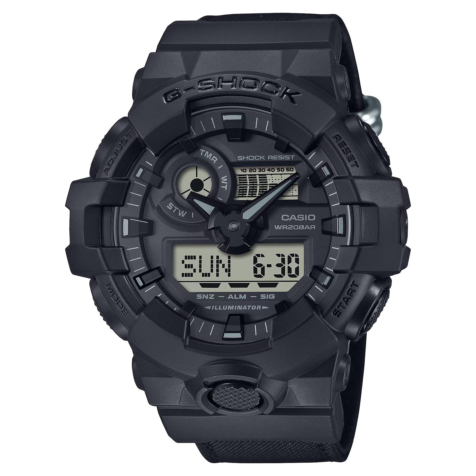 【CASIO 卡西歐】 G-SHOCK  大錶殼酷炫設計 設計大膽奪目 世界時間多功能耐衝擊數位雙顯 帆布錶帶 雙顯手錶 GA-700BCE-1A