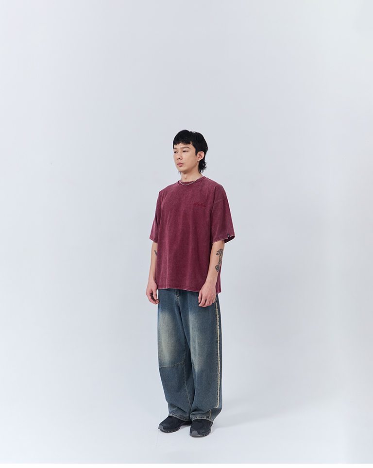 Men's Distressed Design Embroidered Short-Sleeve Top - Red (S/M/L/XL)【01190356】in stock+pre-order